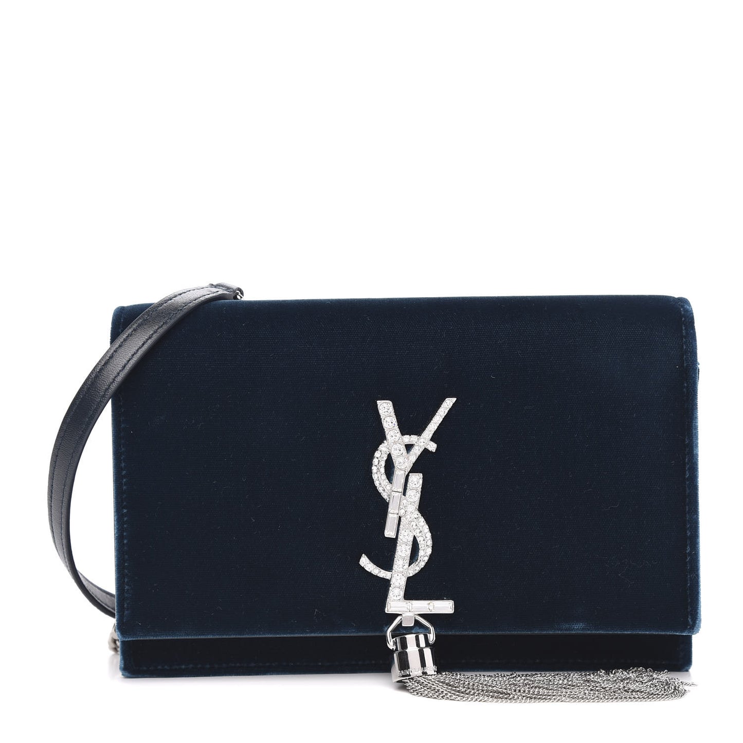 Velvet Crystal Monogram Kate Tassel Chain Wallet Blue
