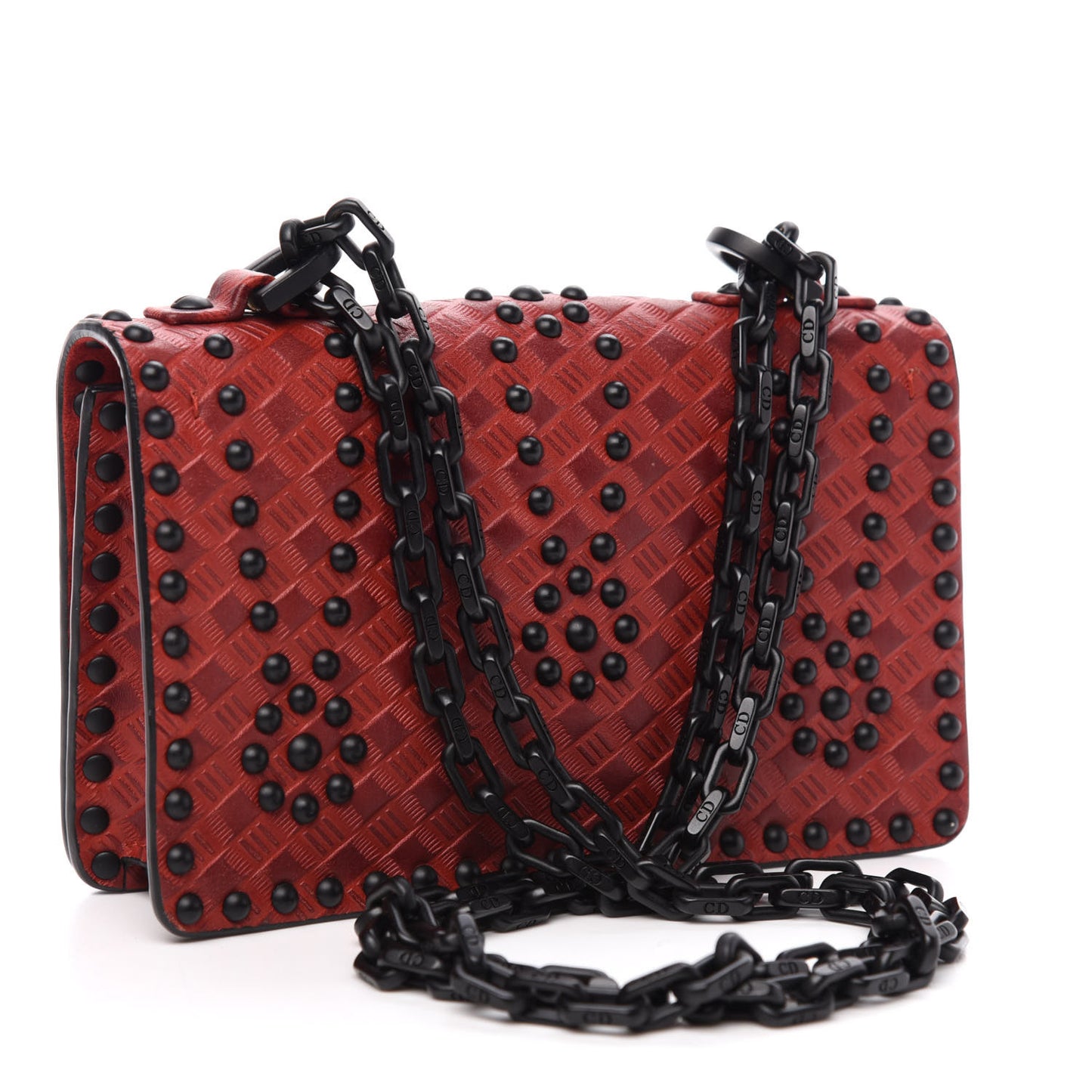 Calfskin Embossed Cannage Studded Mini J'Adior Chain Flap Bag Red