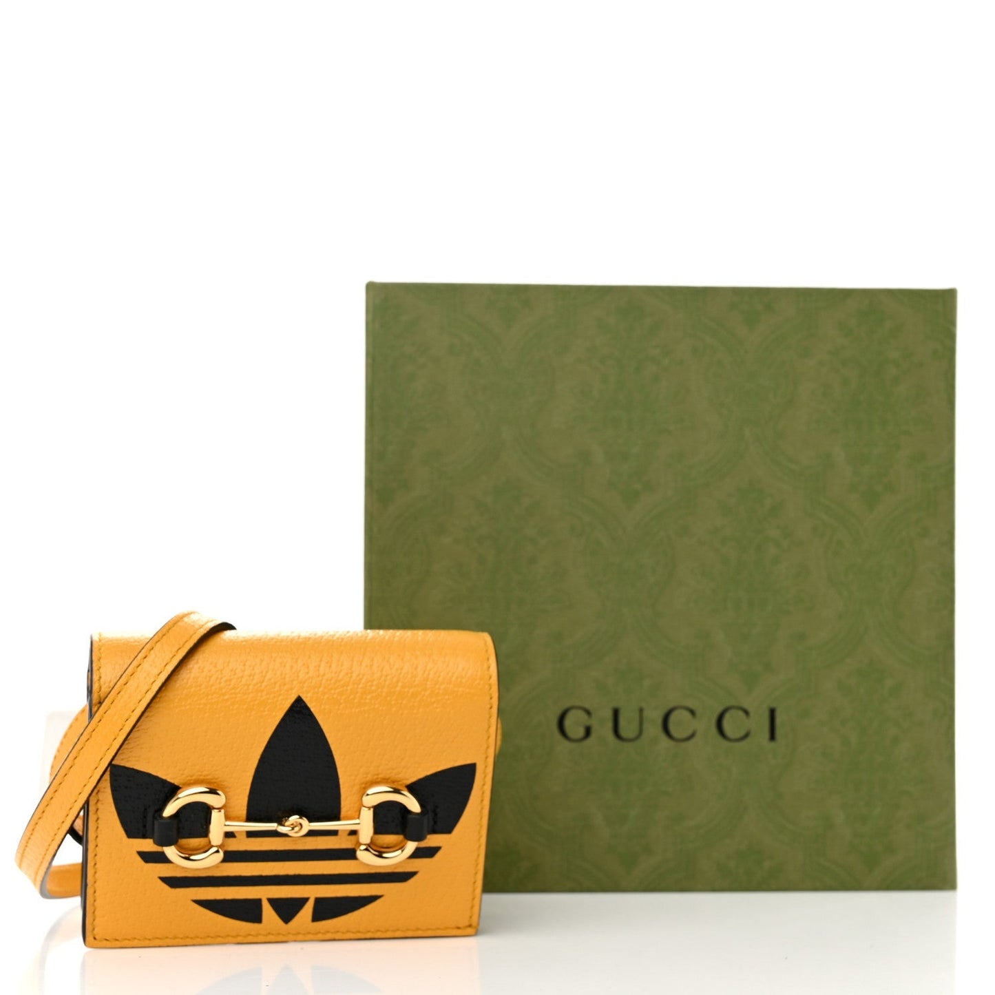 X ADIDAS Textured Dollar Calfskin Trefoil Horsebit 1955 Card Case Wallet With Strap Crop Black