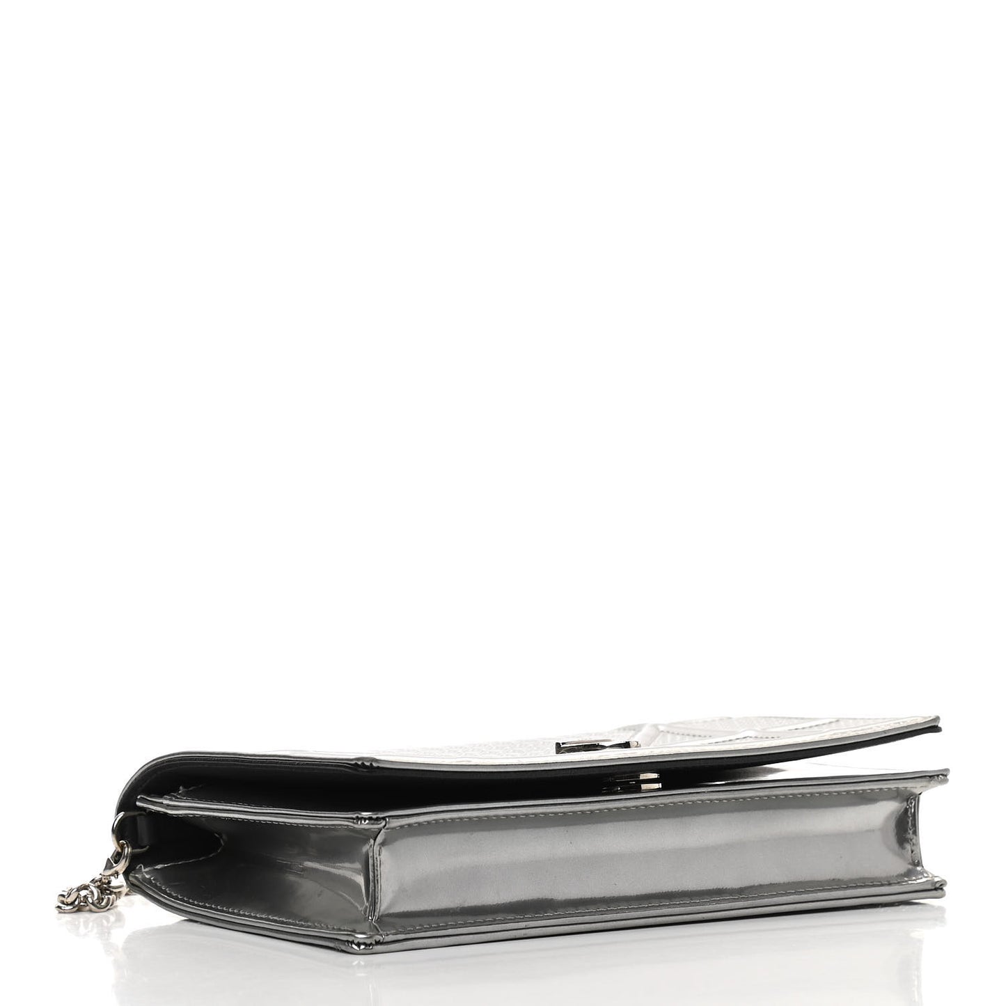 Metallic Patent Micro-Cannage Diorama Wallet on Chain Pouch Silver