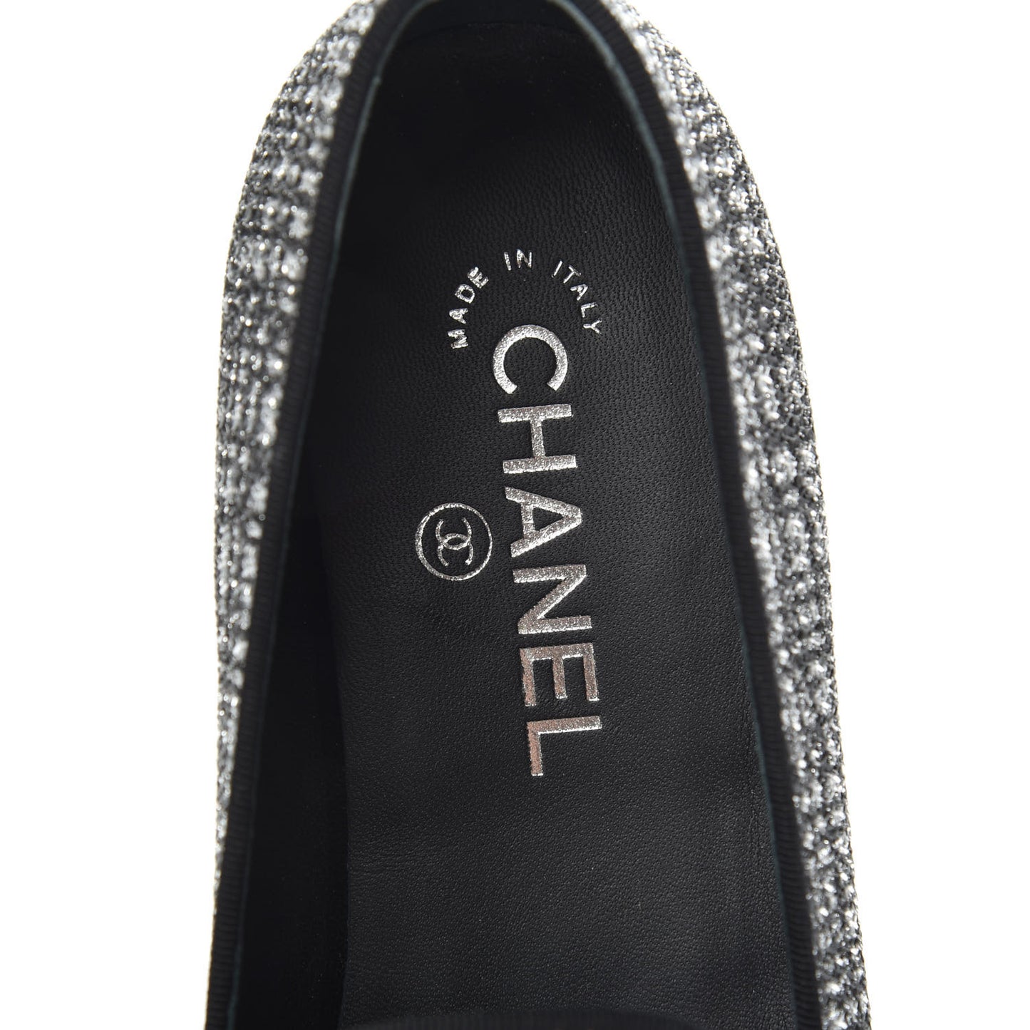 Fantasy Fabric Grosgrain CC Mocassin Loafers 39 Silver Black