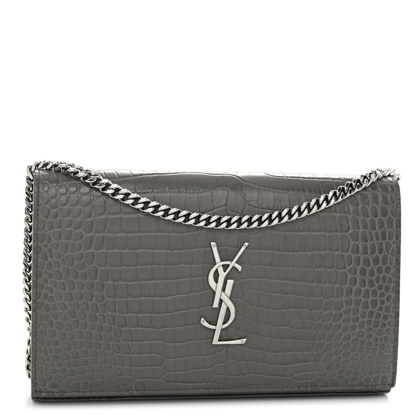 Calfskin Crocodile Embossed Monogram Chain Wallet Fog