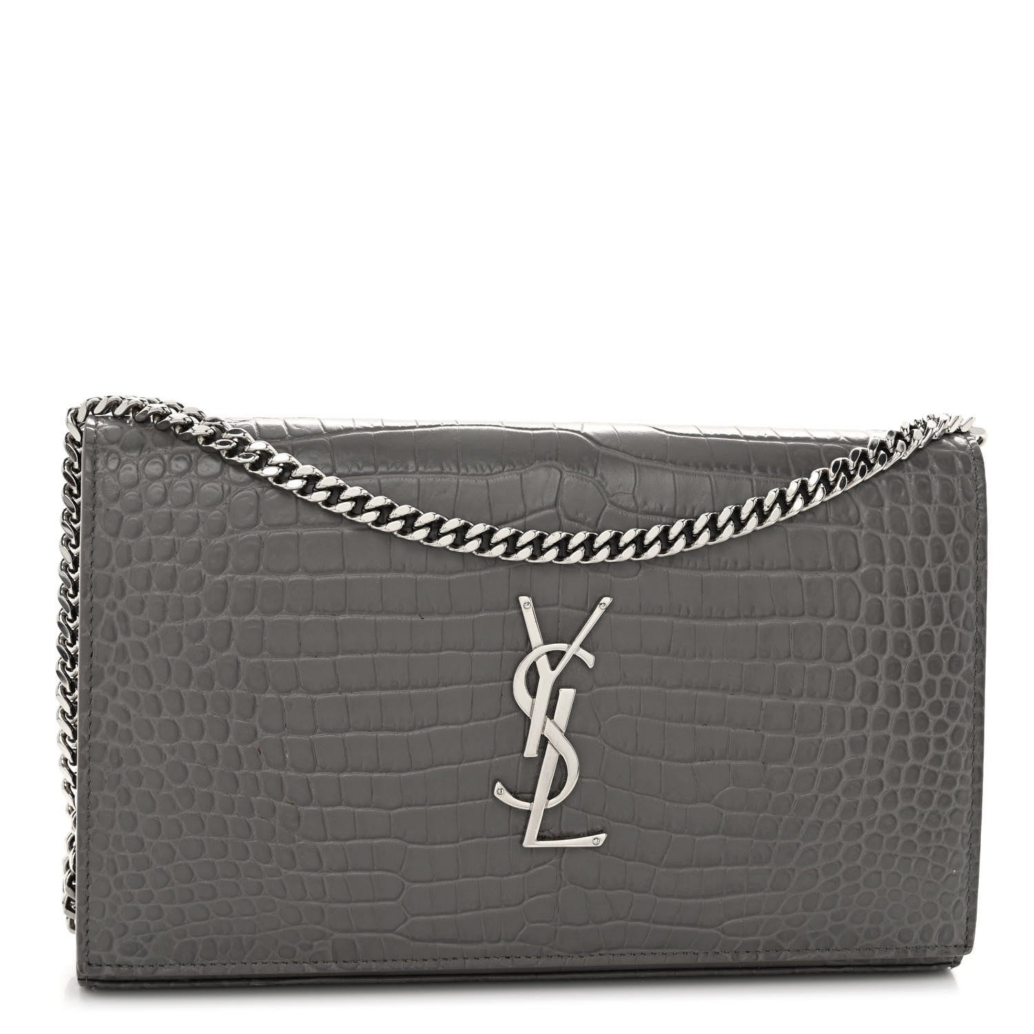 Saint Laurent Calfskin Crocodile Embossed Monogram Chain Wallet Fog 1 of 10