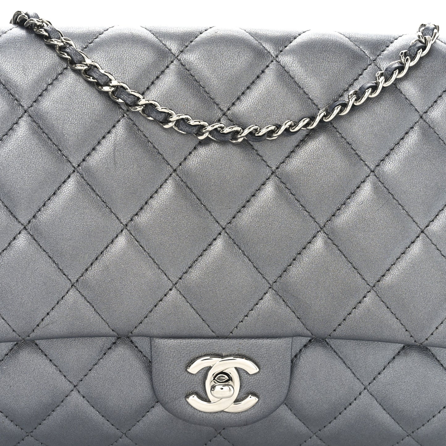 Metallic Lambskin Quilted Clutch With Chain Flap   Dark Grey