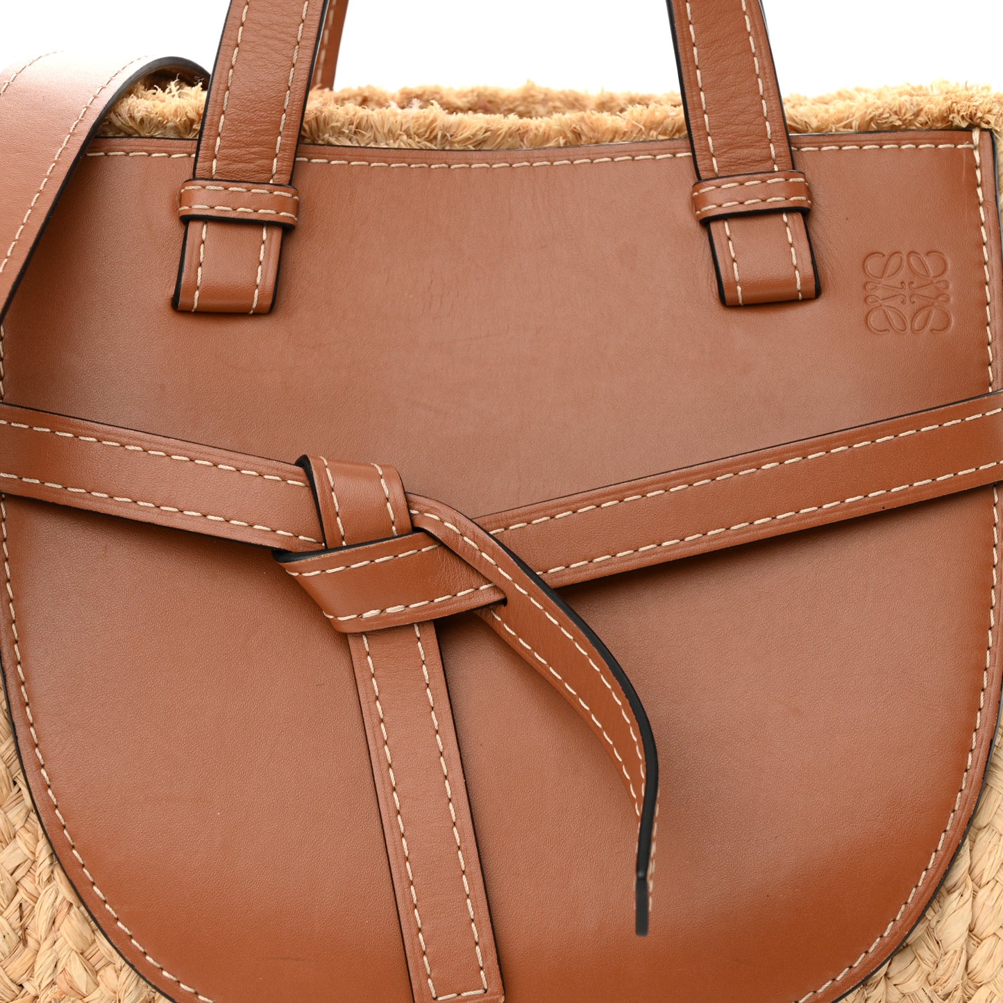 Raffia Calfskin Small Gate Tote Tan Naturel