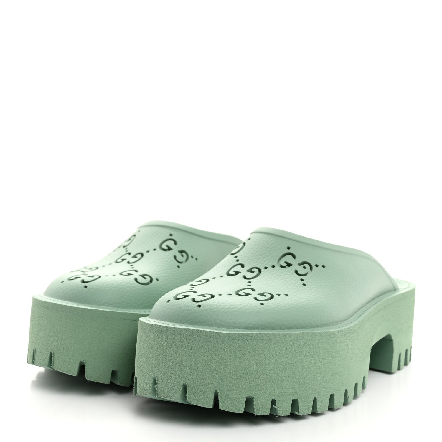 Gucci Rubber GG Monogram Perforated Elea Platform 55mm Lug Sole Sandals 36 Pacific Green 3 of 8