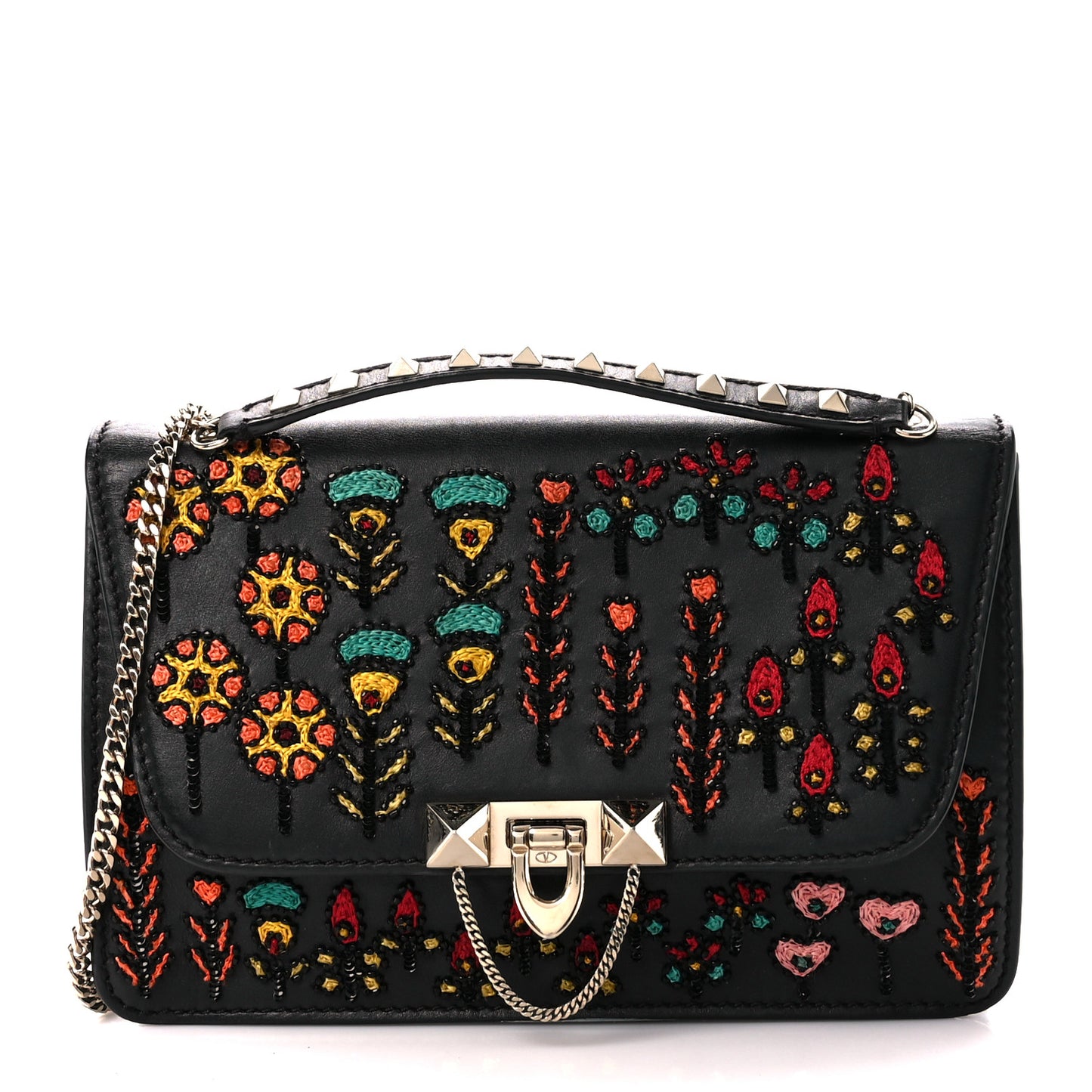 Calfskin Embroidered Beaded Rockstud Small Demilune Shoulder Bag Black Multicolor