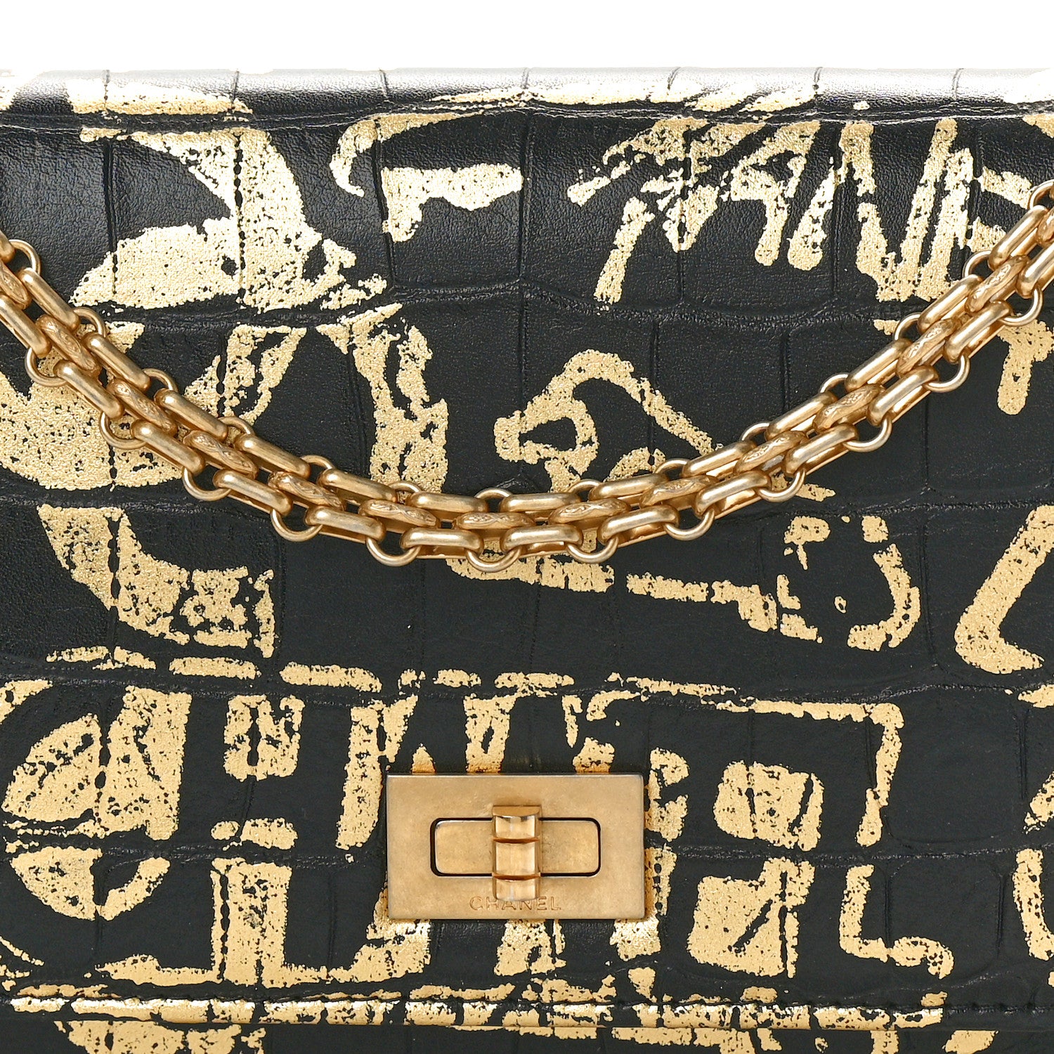 Chanel Calfskin Crocodile Embossed Graffiti 2.55 Cocodile Reissue Wallet On Chain WOC Black Gold 8 of 10