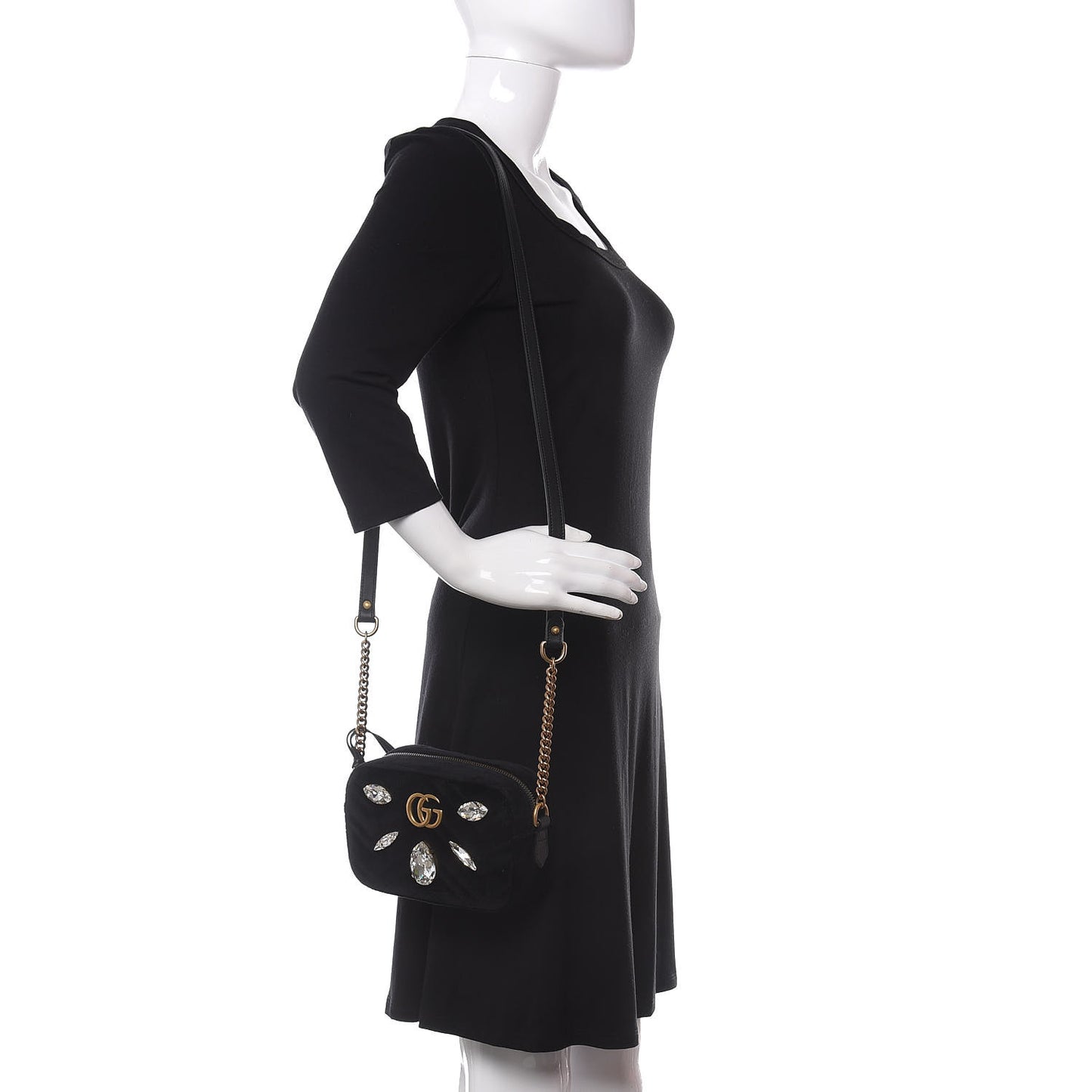 Velvet Matelasse Marquise Crystals Mini GG Marmont Chain Shoulder Bag Black
