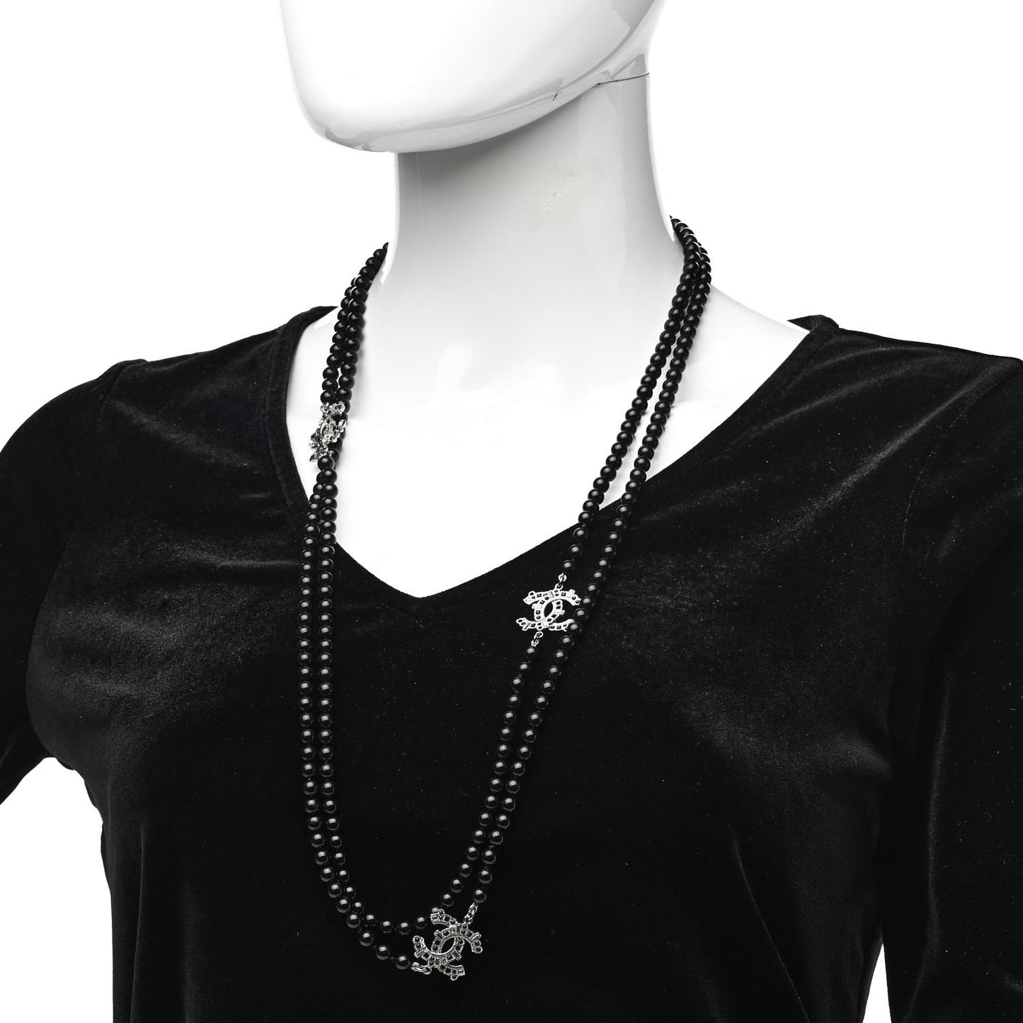 Baguette Crystal Beaded CC Long Necklace Black Silver