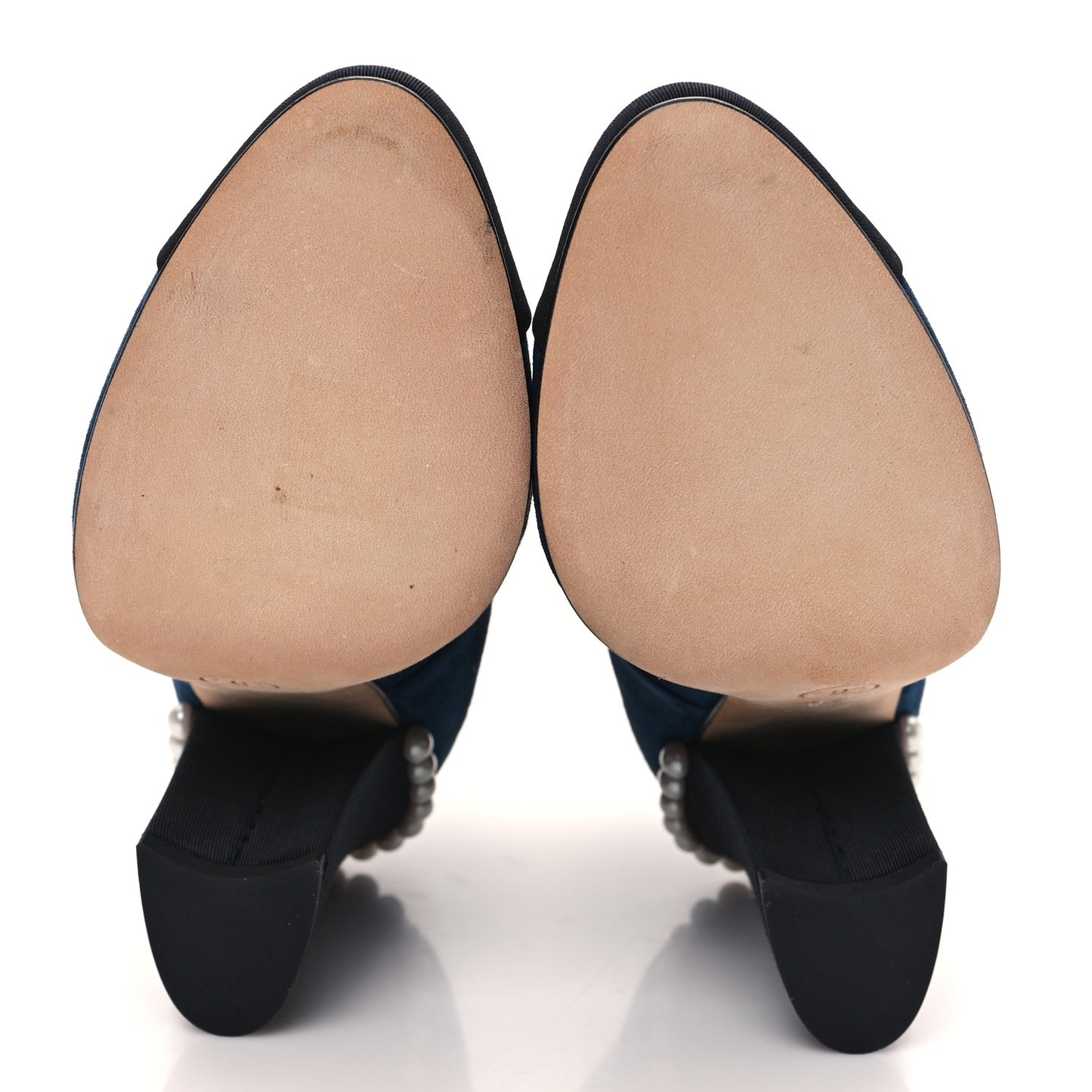 Suede Grosgrain Pearl Lace Up Booties 36 Dark Blue Black