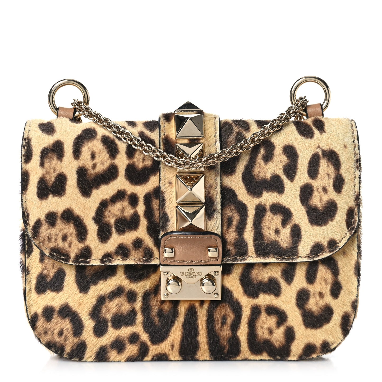 Calf Hair Leopard Print Small Glam Lock Rockstud Flap