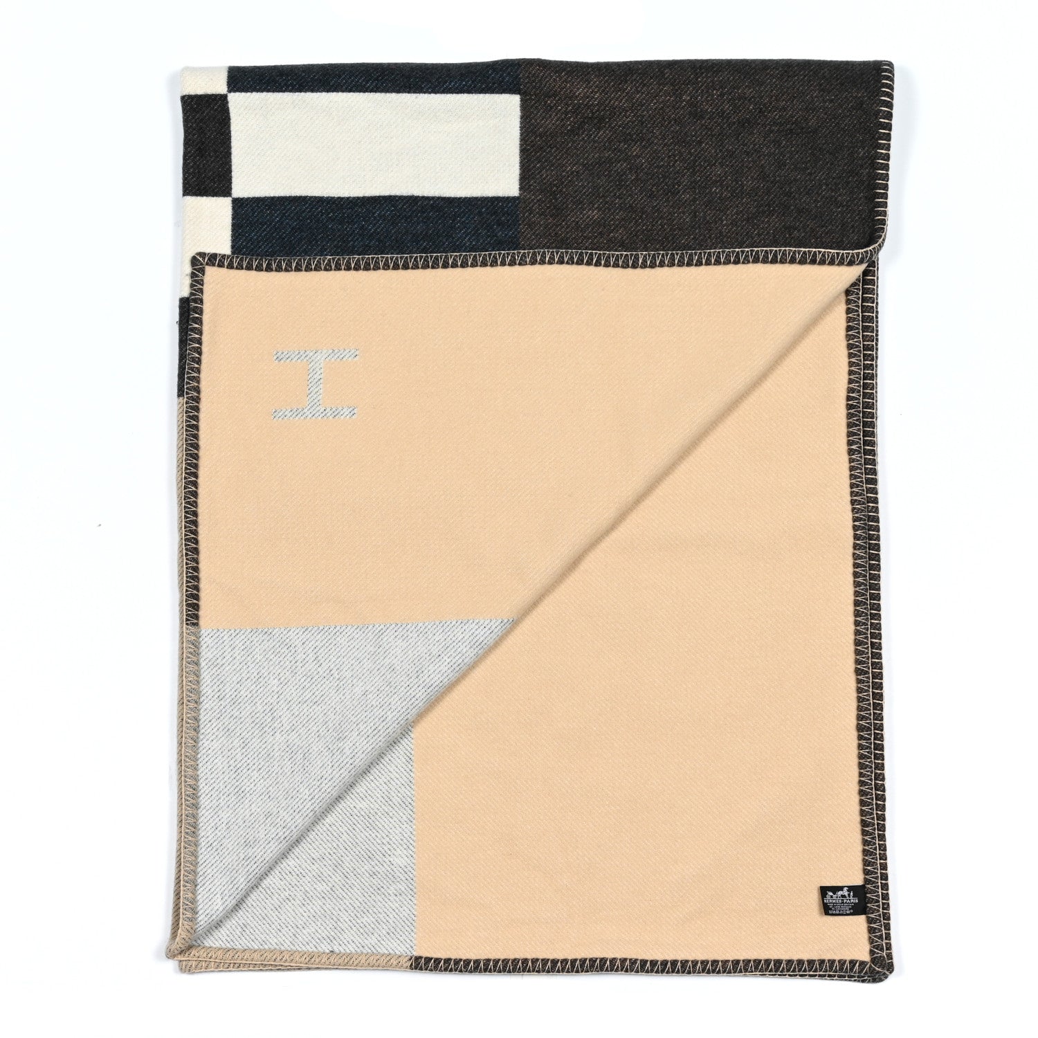 Hermes Wool Cashmere H Casaque Blanket Ecru Carbone 2 of 3