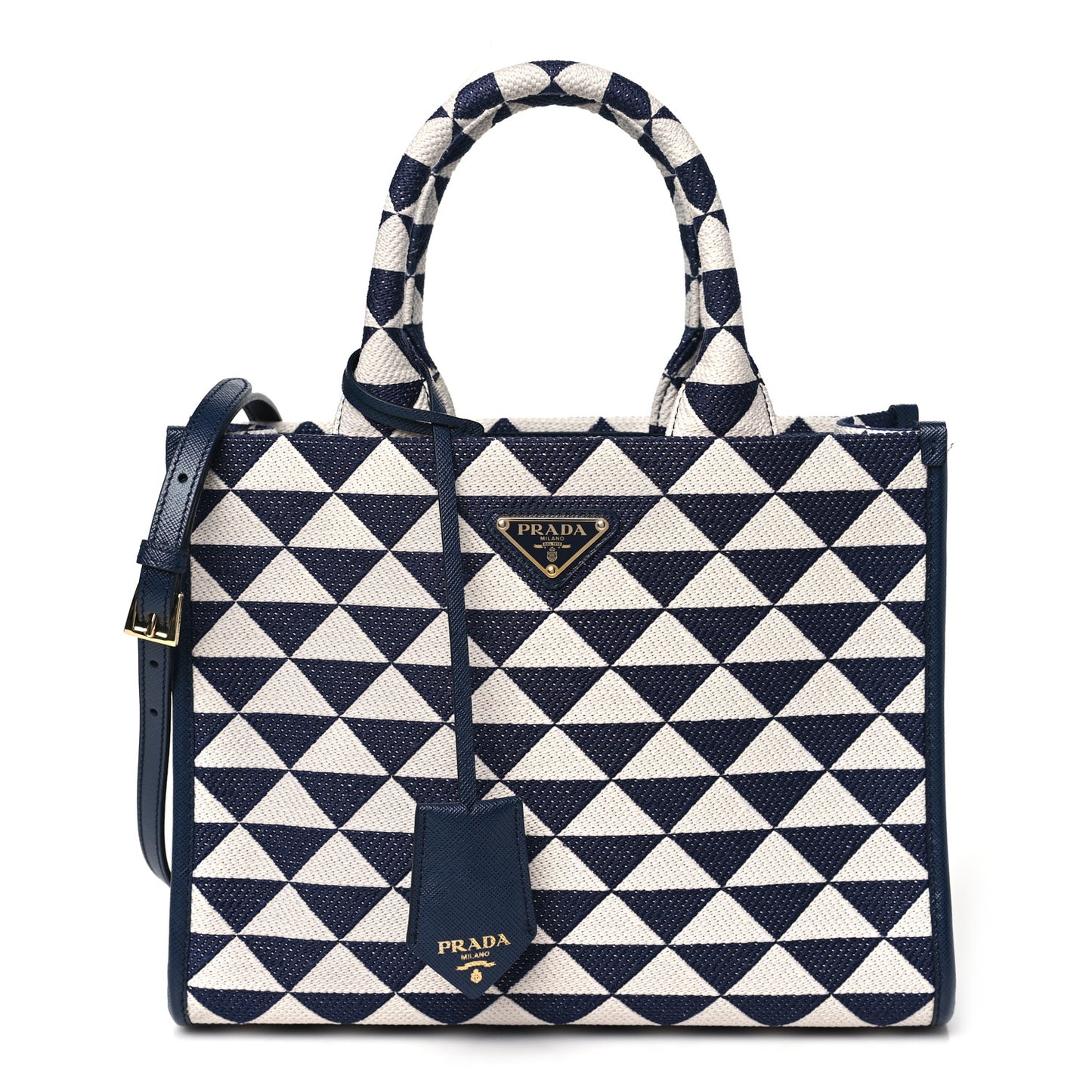 Jacquard Saffiano Triangolo Symbole Embroidered Small Tote Baltico Talco