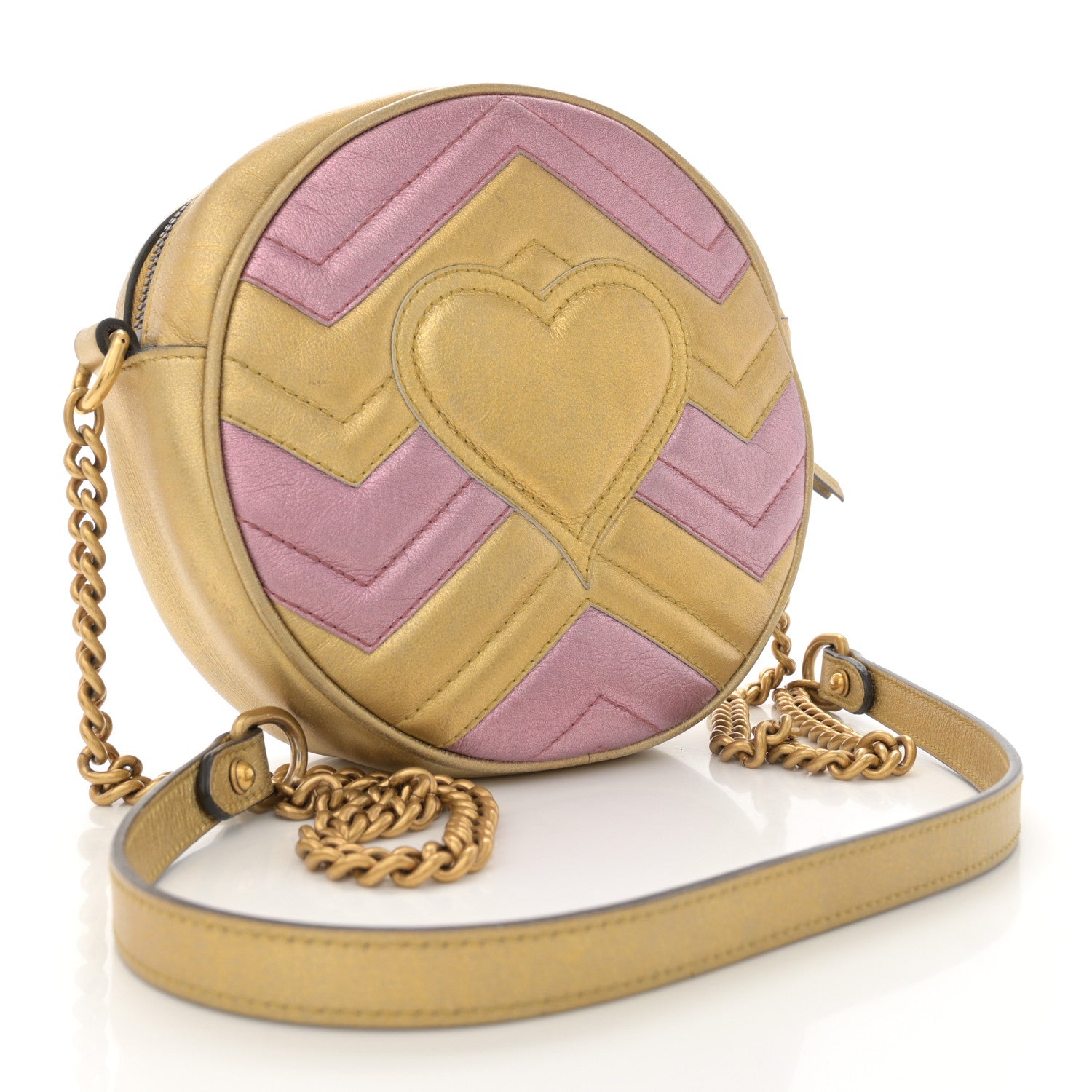 Gucci Metallic Nappa Matelasse Heart Mini GG Marmont Round Shoulder Bag Oro Vecchio Rosa 3 of 12