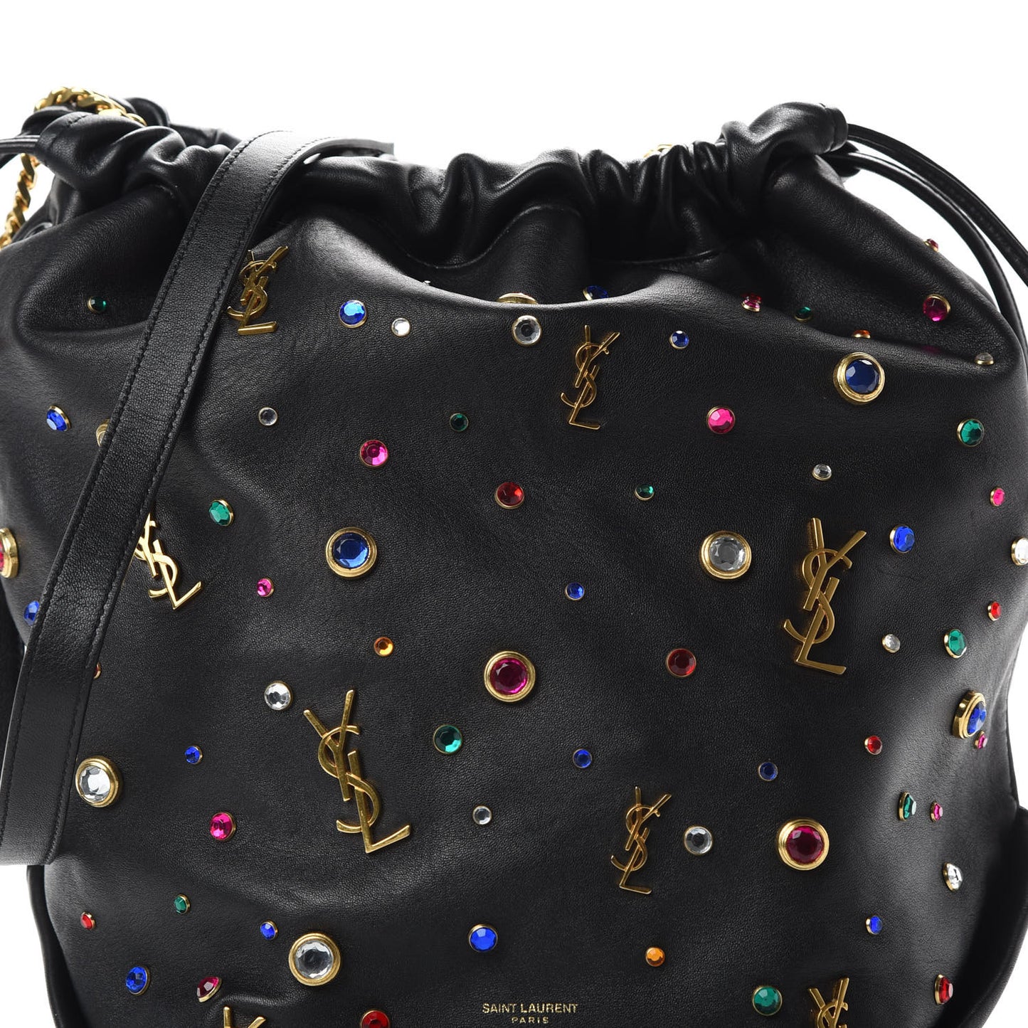Lambskin Charm Studded Teddy Drawstring Bag Black