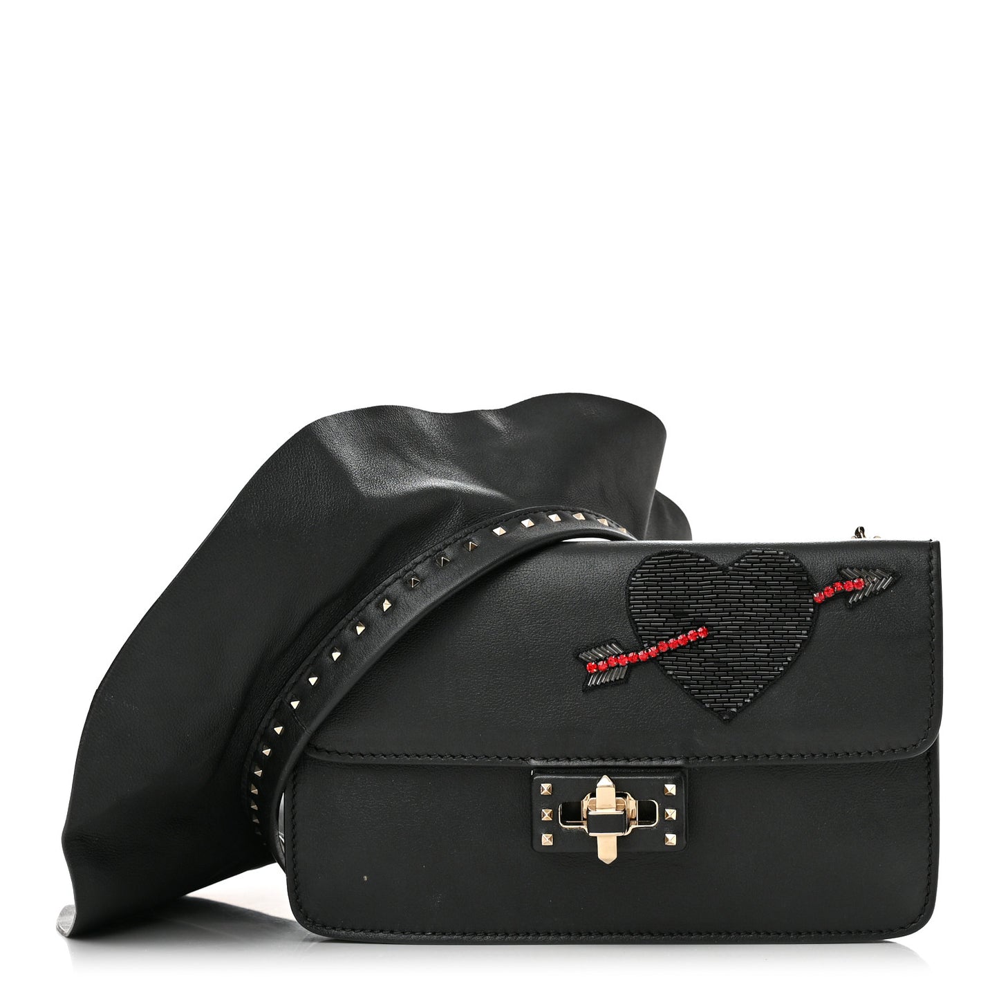 Calfskin Crystal Bead Embellished Mini Rockstud Love Story Ruffle Strap Bag Black