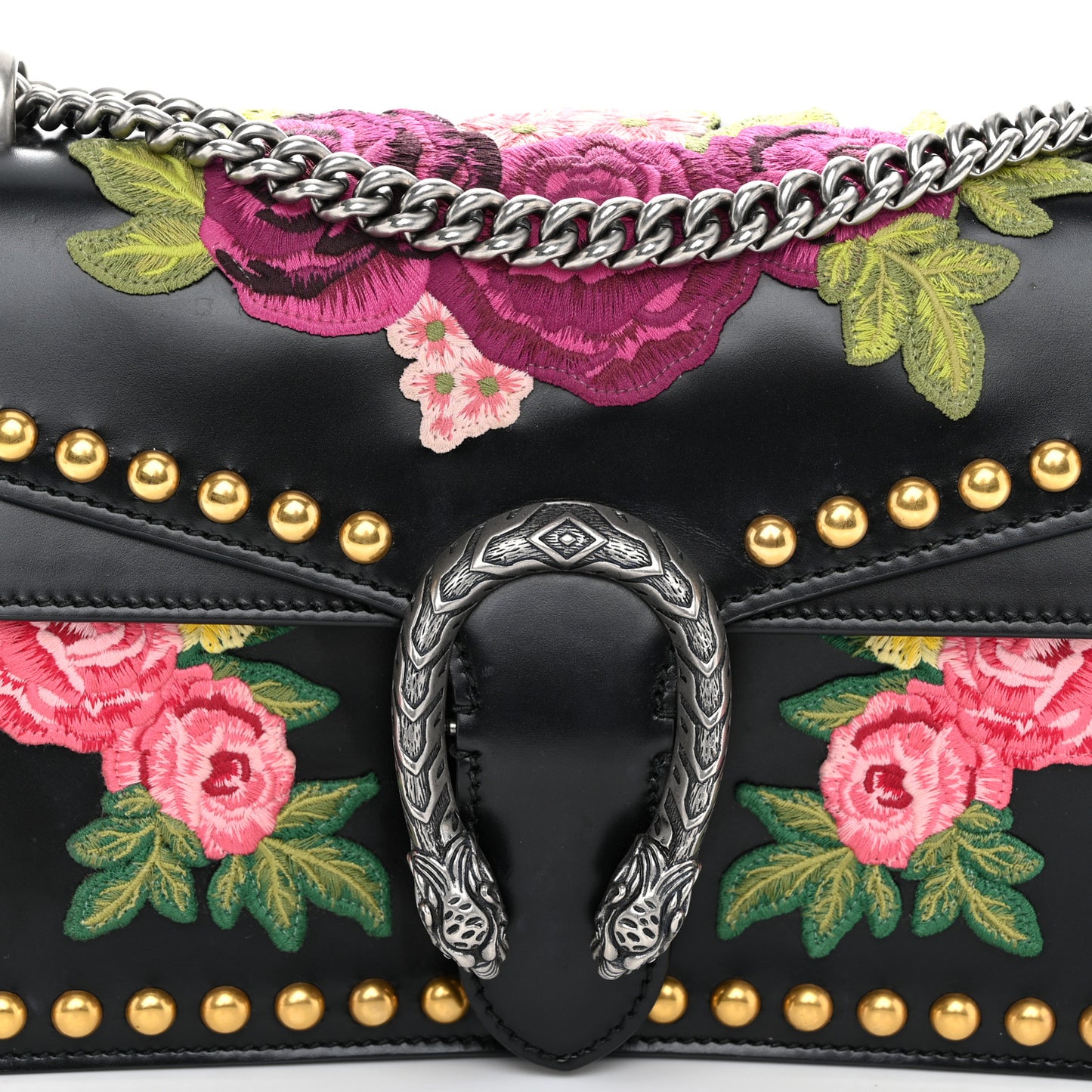 Calfskin Floral Embroidered Studded Small Dionysus Shoulder Bag Black