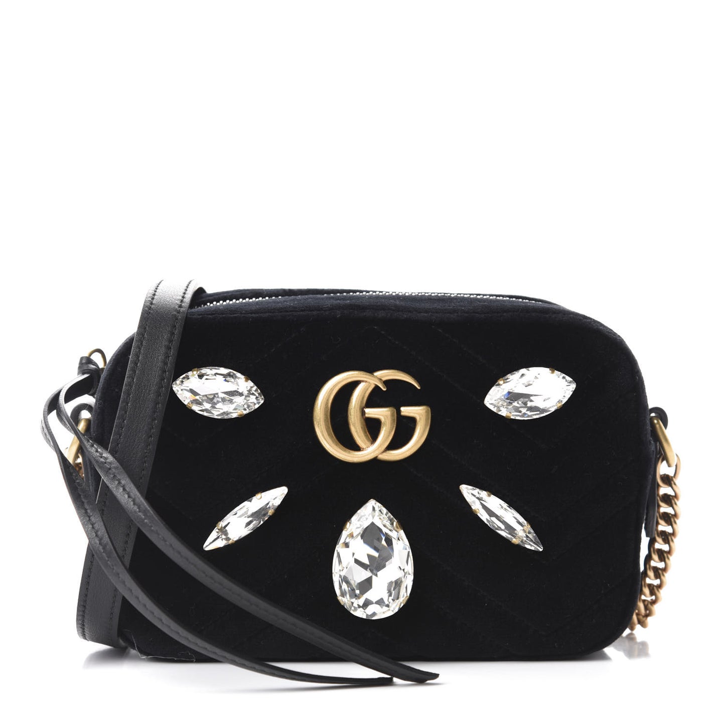 Velvet Matelasse Marquise Crystals Mini GG Marmont Chain Shoulder Bag Black