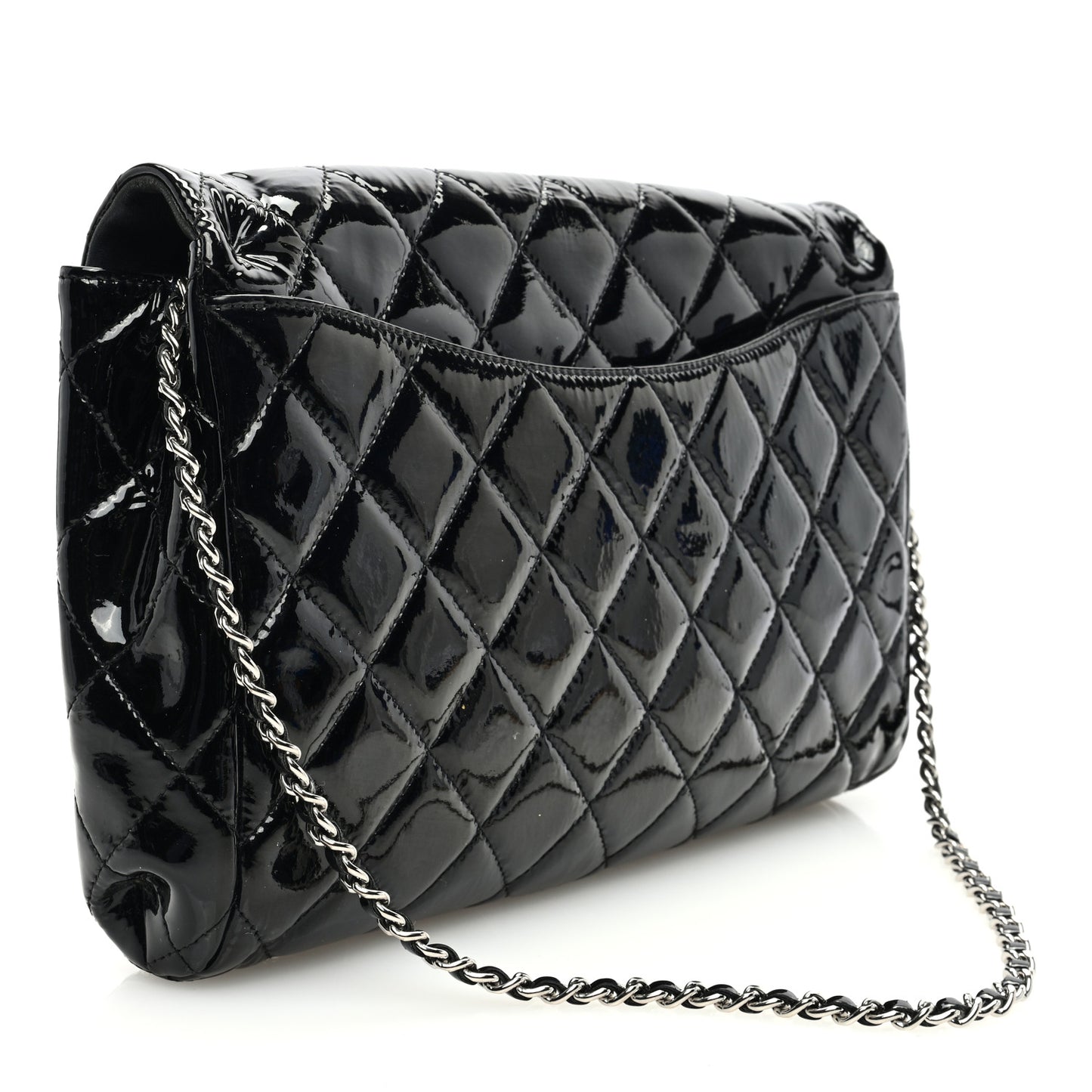 Patent Quilted Clutch with Chain Flap Black