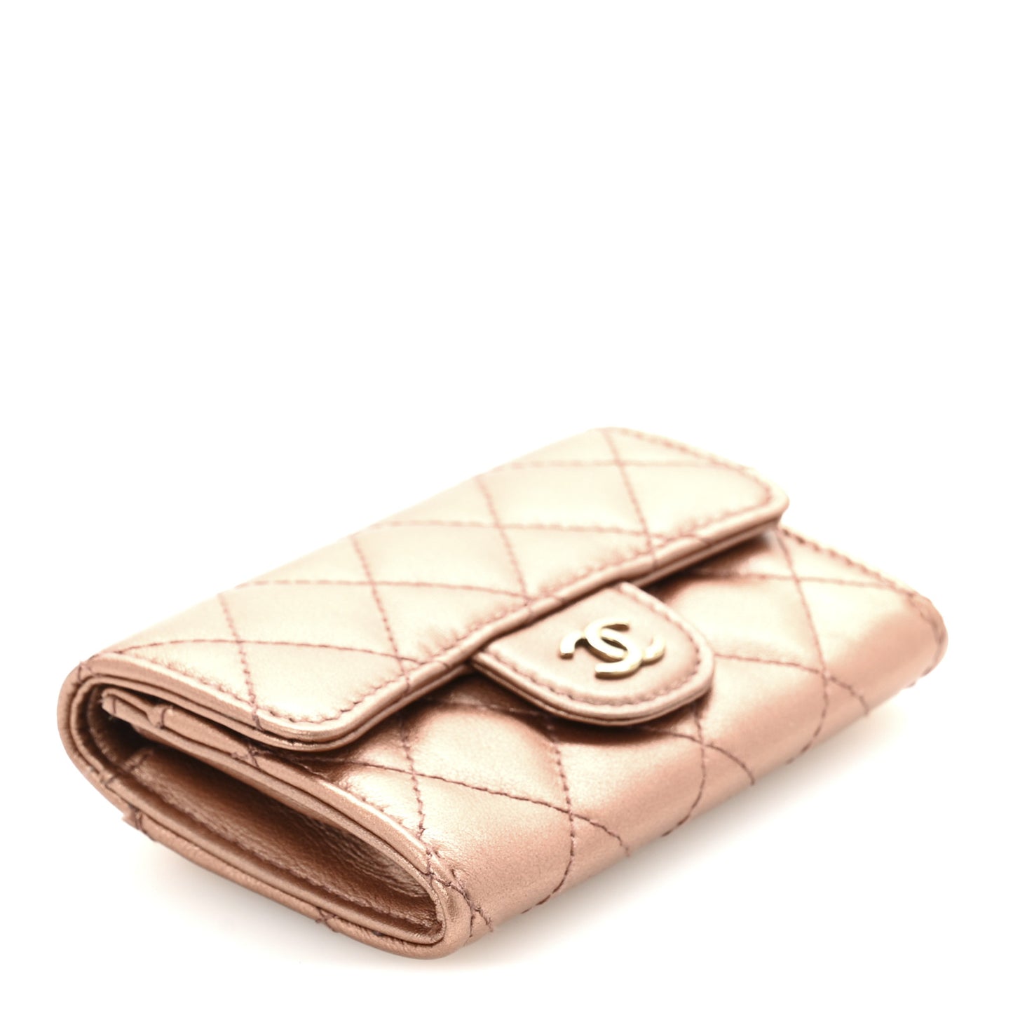 Metallic Lambskin Quilted Flap Card Holder Wallet Dark Pink