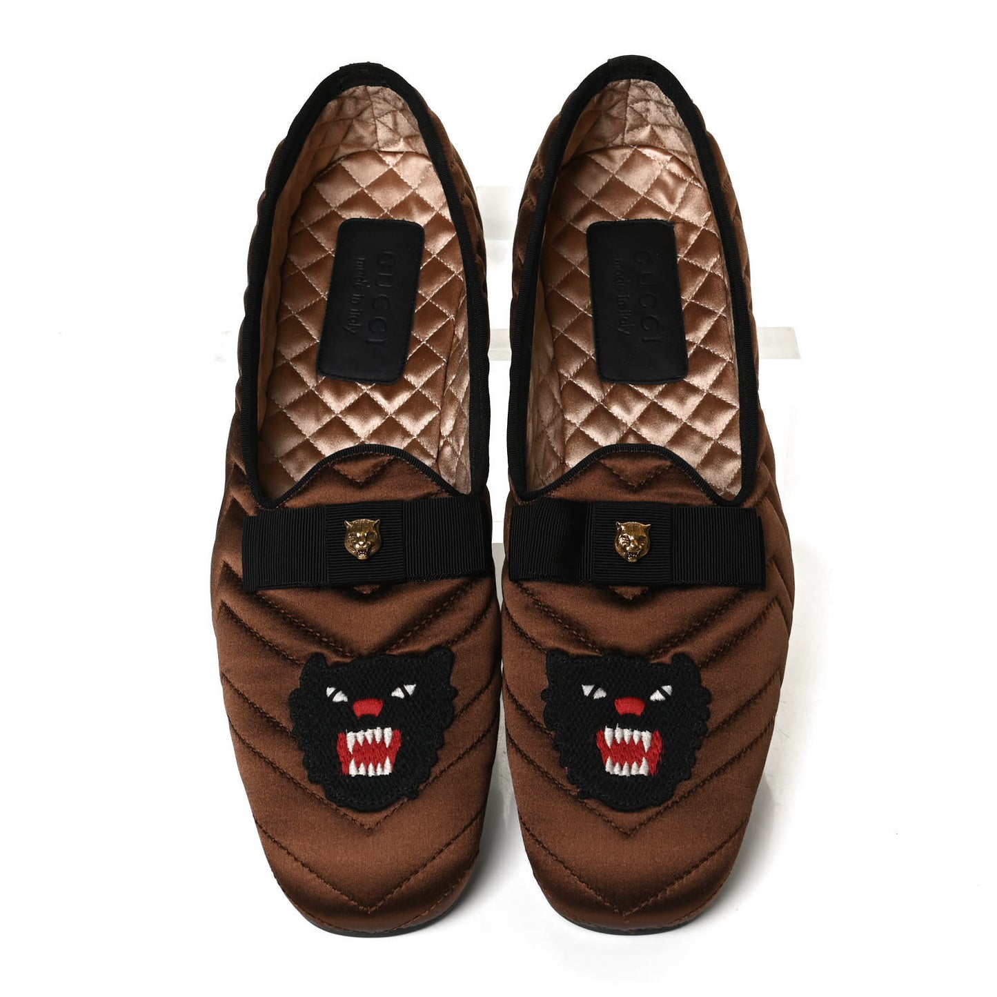 Silk Panther Embroidered Mens Quilted Slippers 10.5 Brown