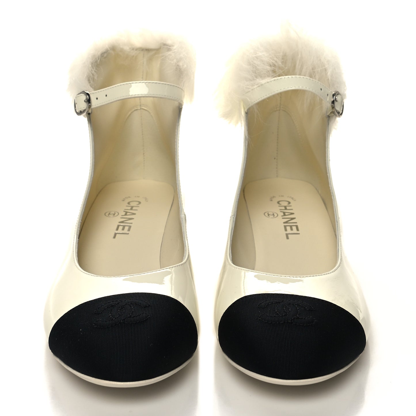 Patent Shearling Lambskin Grosgrain Cap Toe Mary Jane Low Heel Pumps 39 White Black