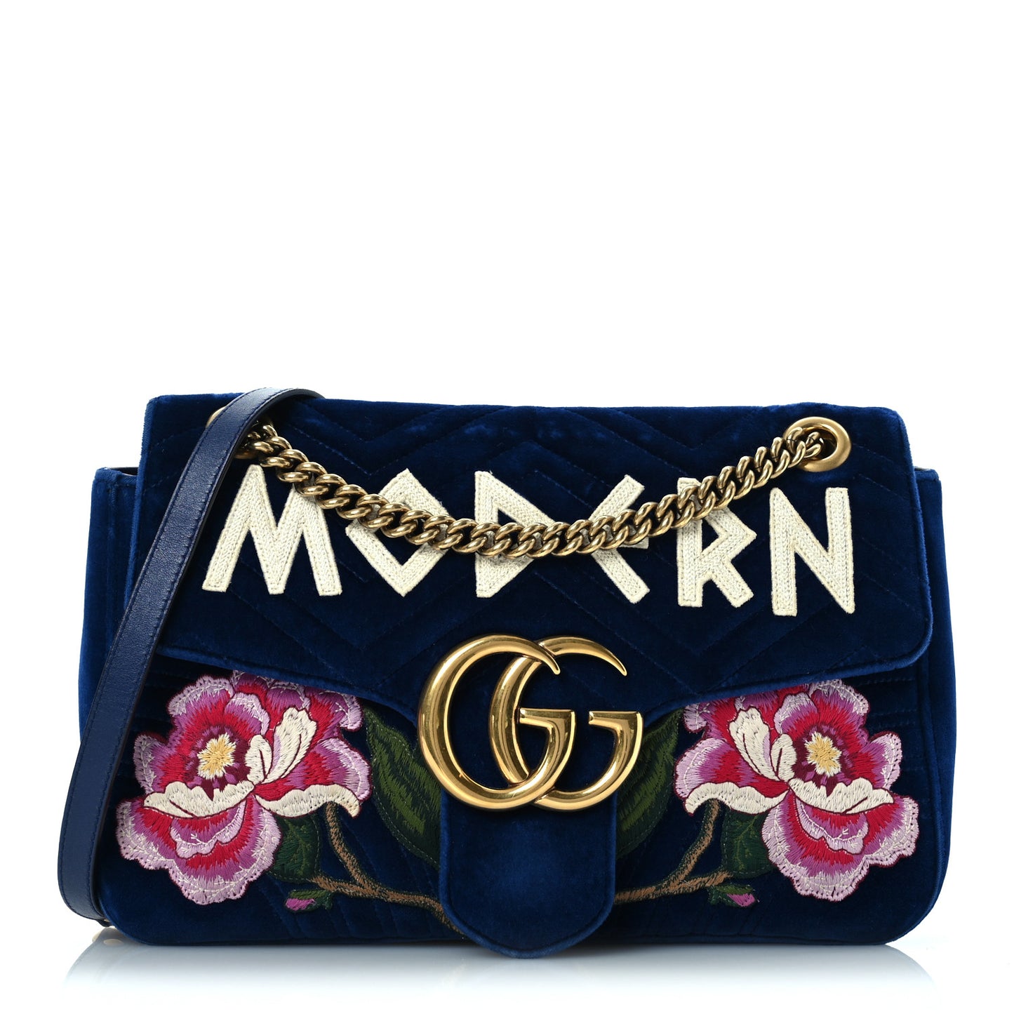 Velvet Matelasse Modern Embroidered Medium GG Marmont Shoulder Bag Cobalt