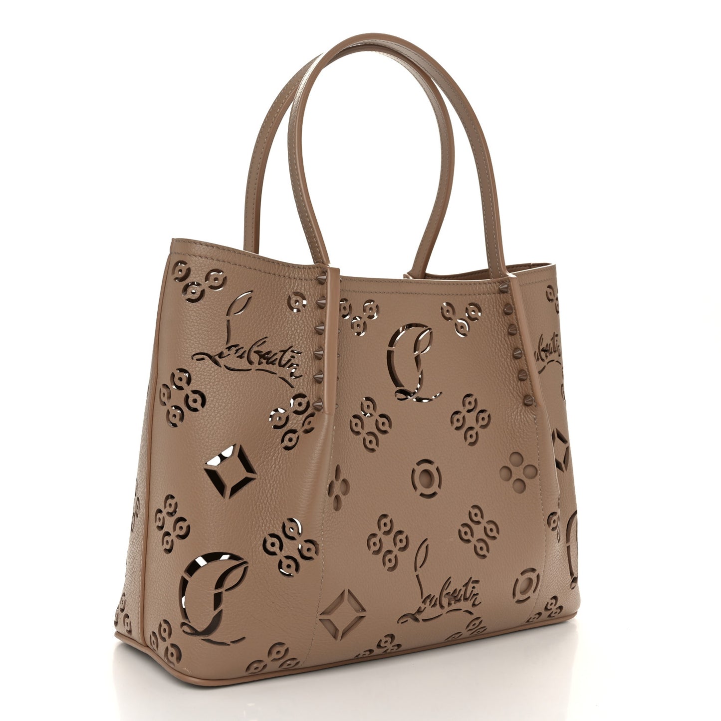 Calfskin Perforated Loubinthesky Small Cabarock Spikes Tote Beige