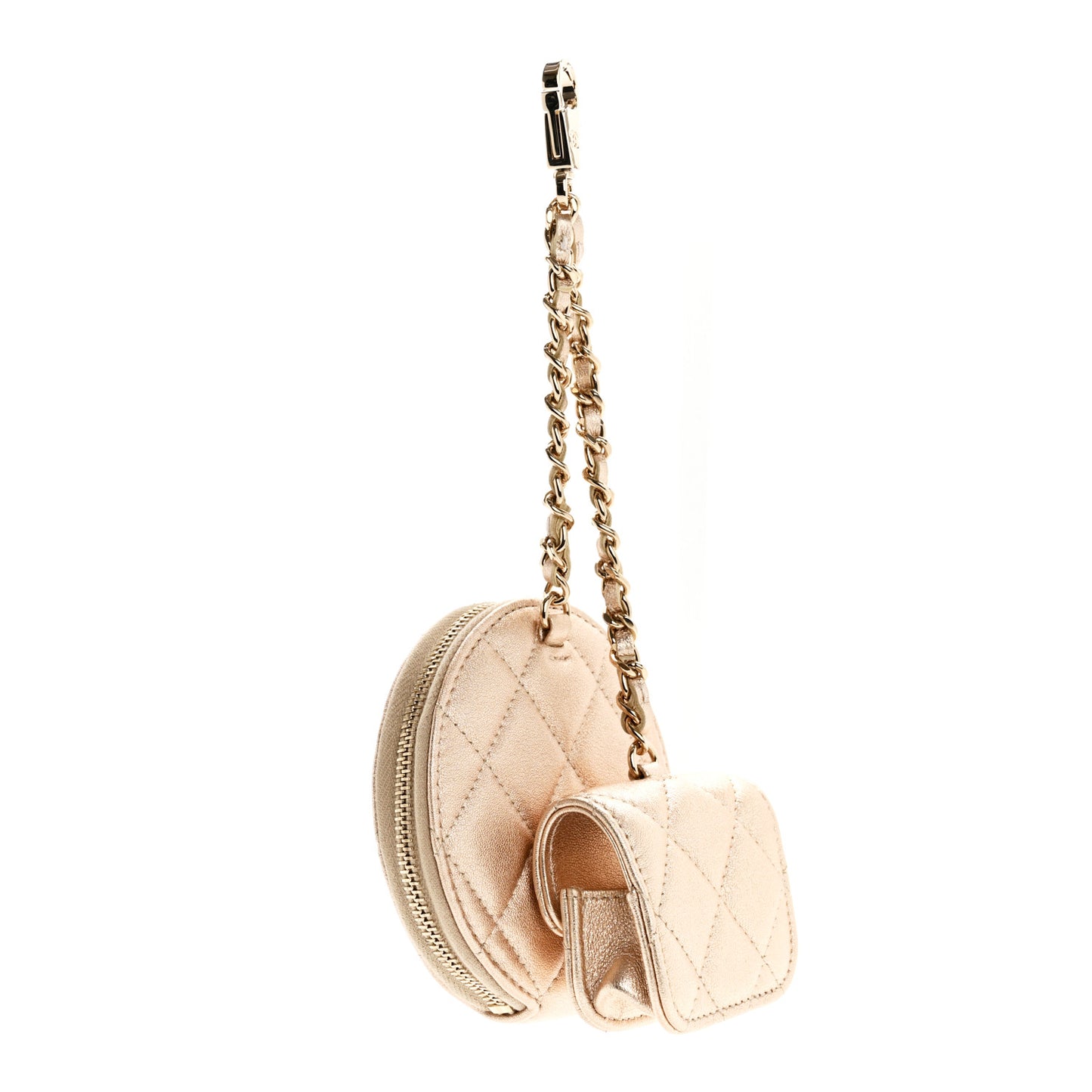 Metallic Lambskin Quilted Round Clip On Coin Purse Airpods Case Gold