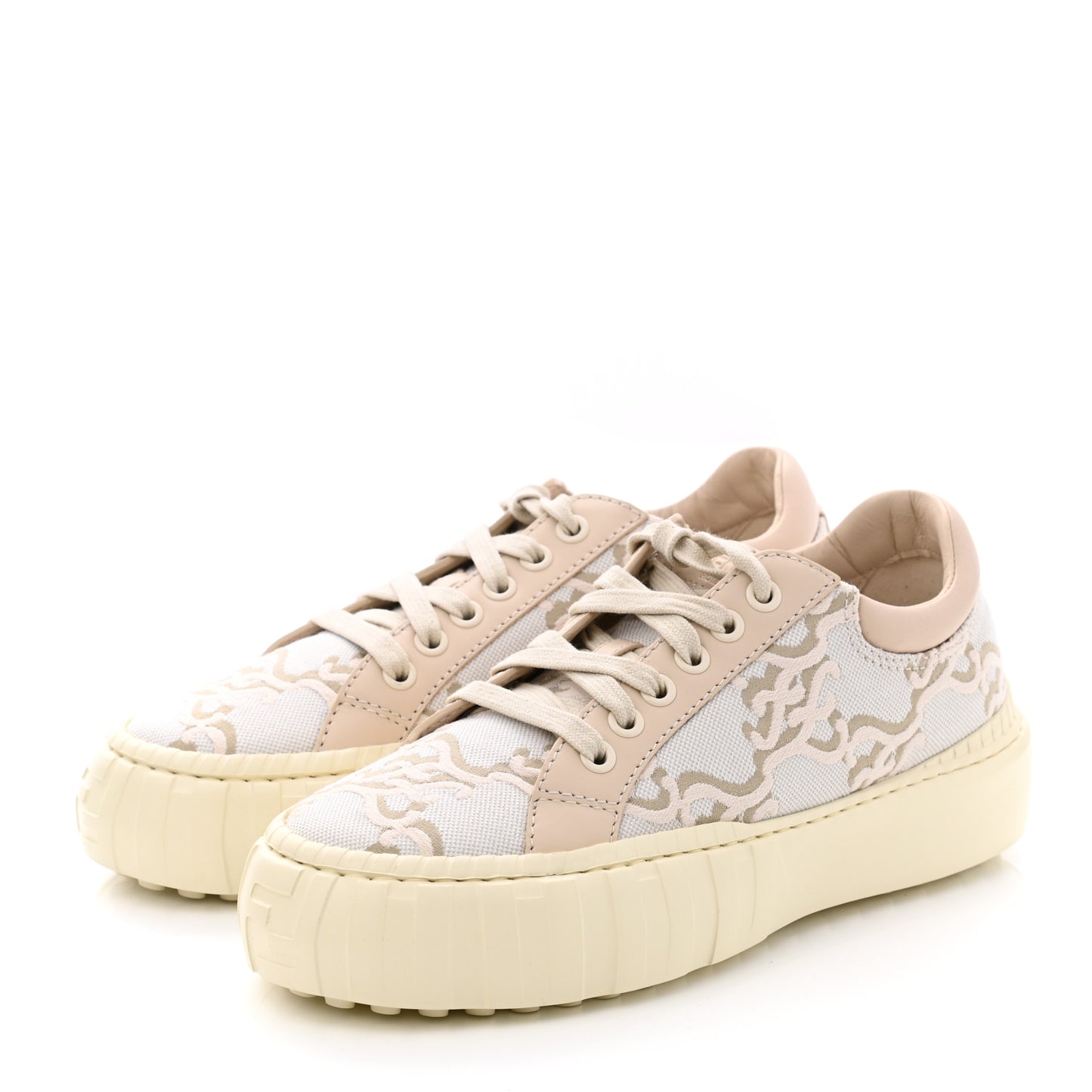 Fabric Jacquard Vitello Nappa FF Karligraphy Womens Fendi Force Low Top Sneakers 36.5 Camelia