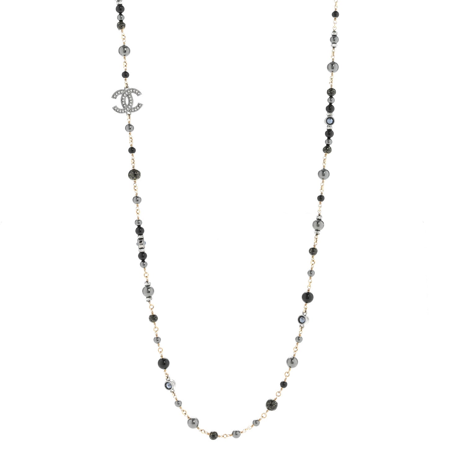 Chanel Pearl Bead Crystal CC Long Necklace Black Gold 1847292