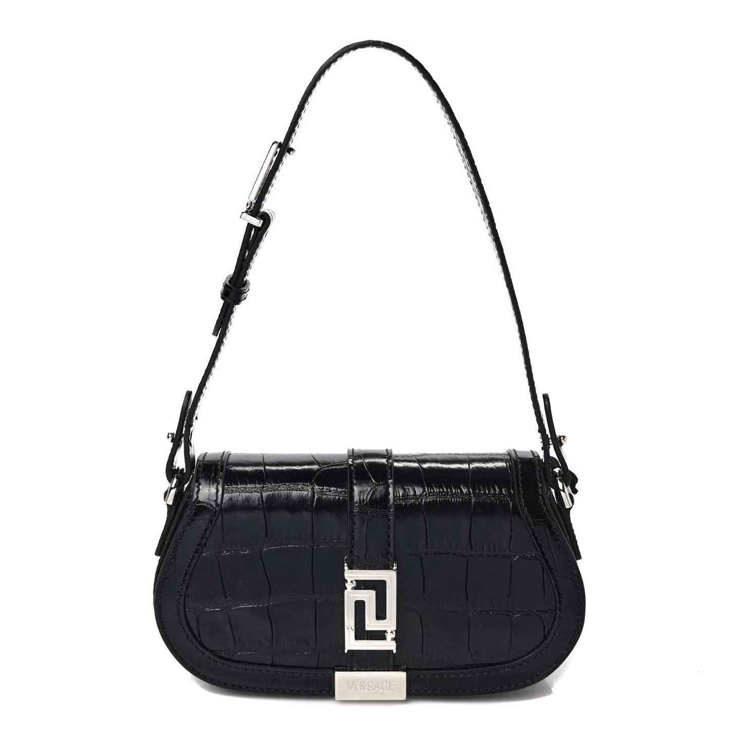 Calfskin Crocodile Embossed Greca Goddess Mini Shoulder Bag Black