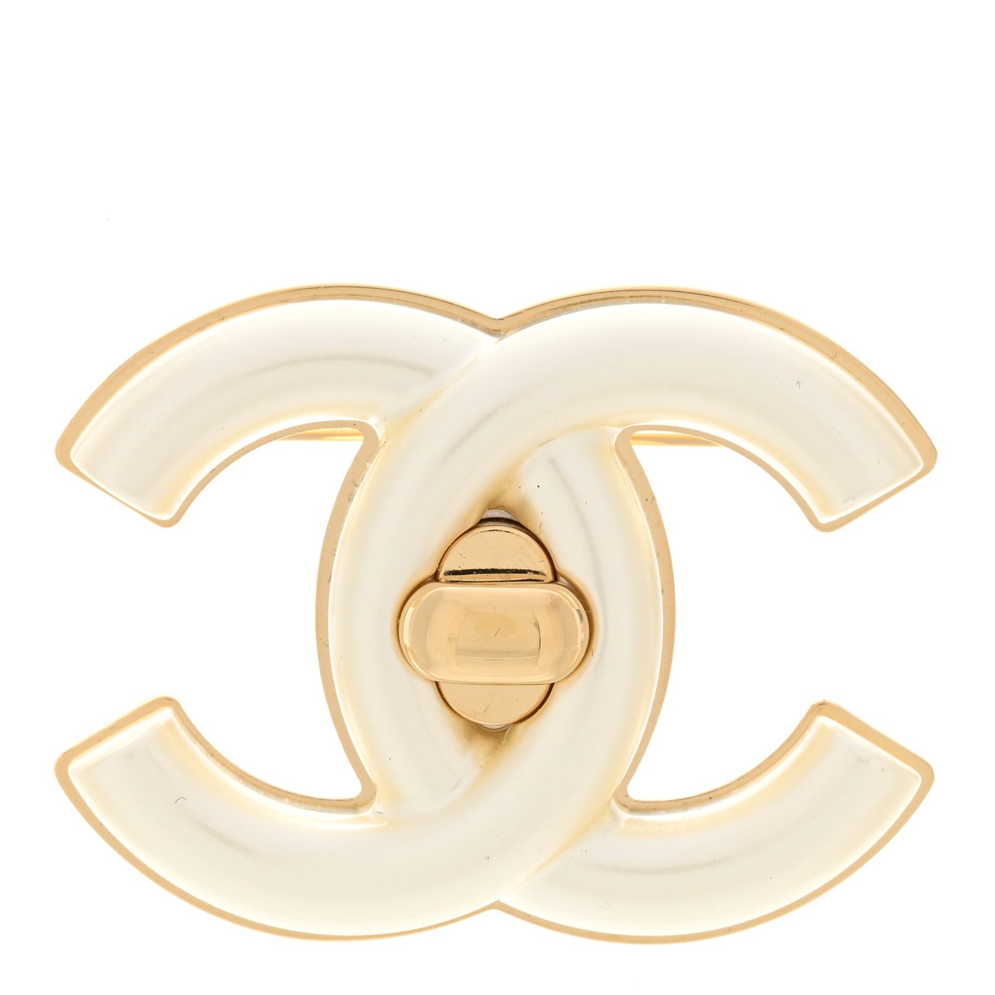 Resin CC Turnlock Brooch Gold Pearly White
