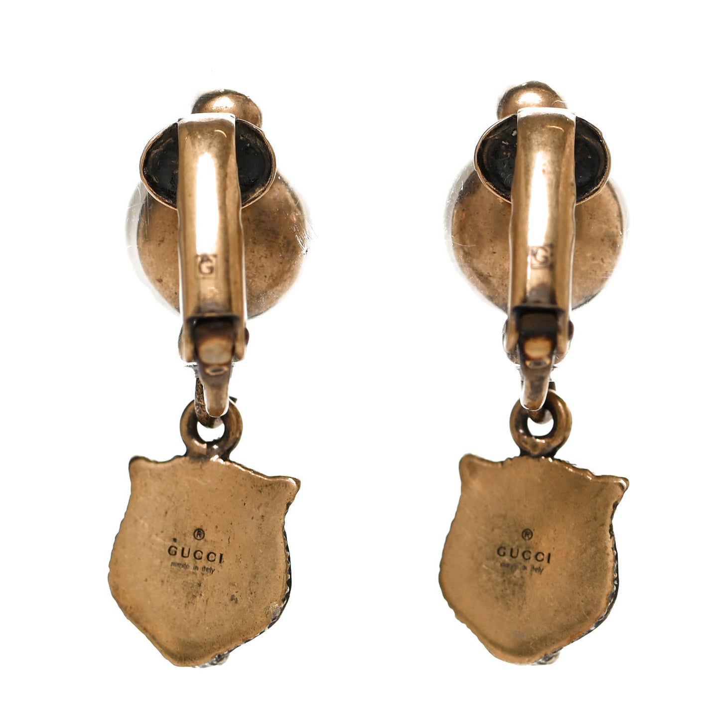 Metal Crystal Resin Pearl Feline Clip On Earrings Aged Gold