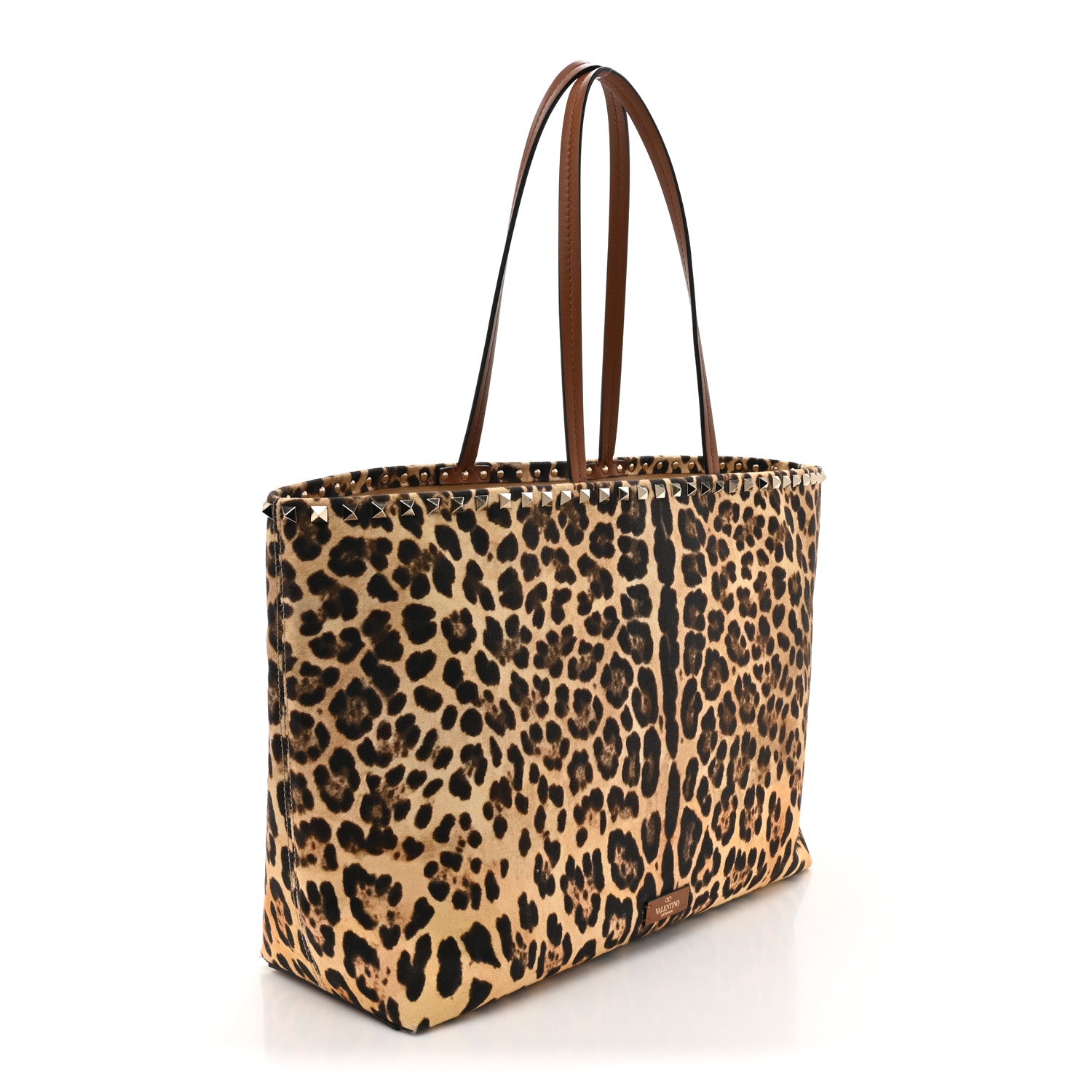 Valentino Garavani Canvas Nappa Leopard Print Rockstud Tote Brown 2 of 13