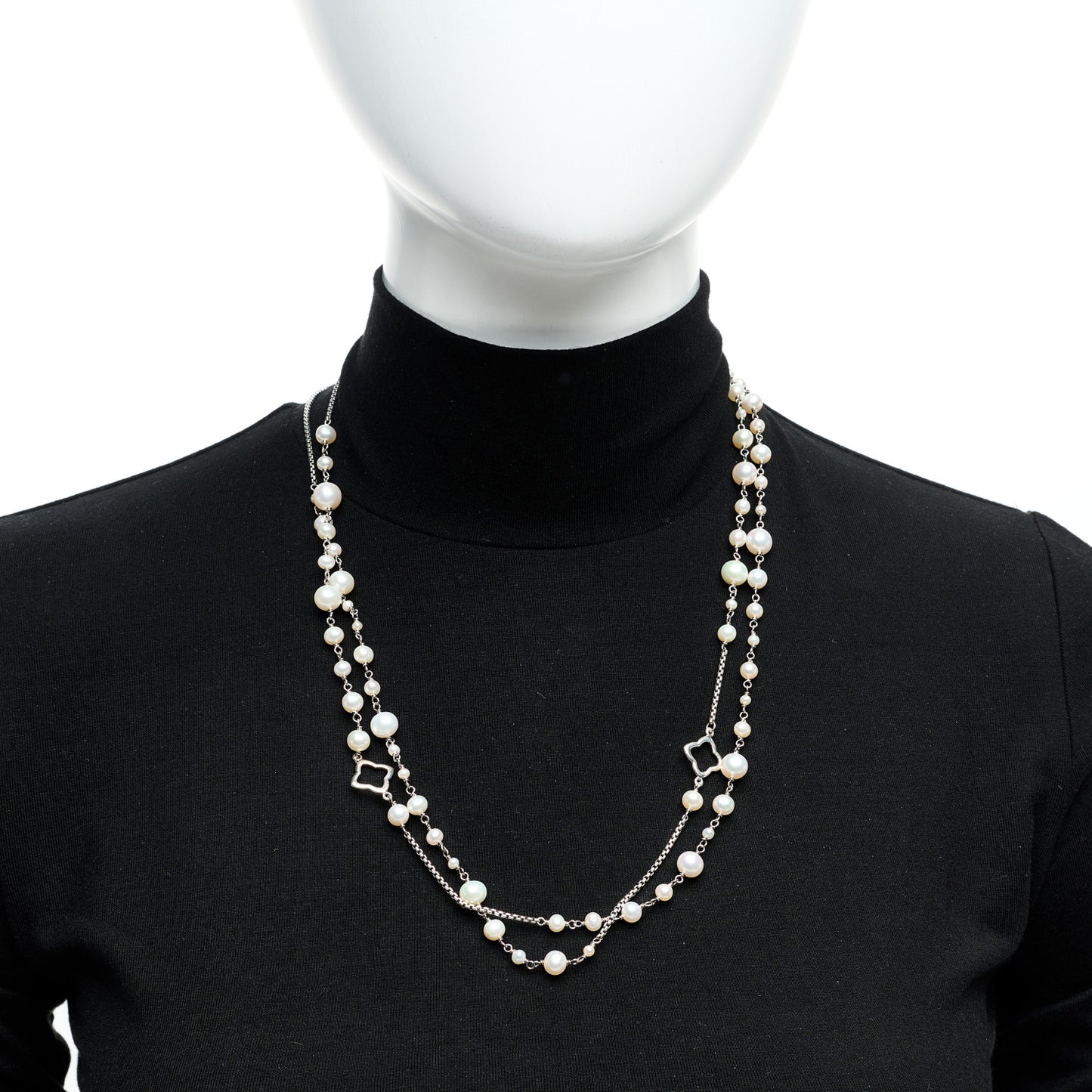 Sterling Silver Pearl 7.5mm Quatrefoil Long Chain Necklace