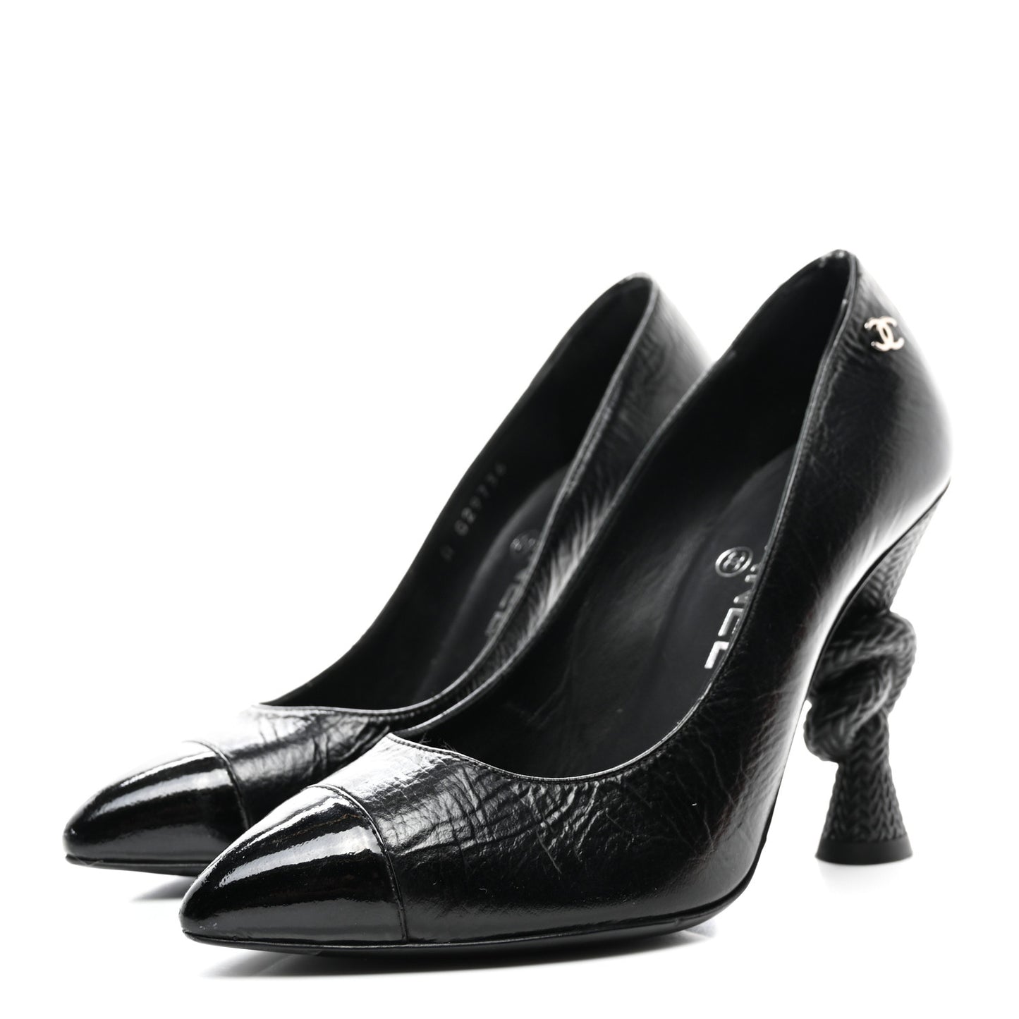 Crumpled Calfskin Knotted Heel Cap Toe Pumps 35 Black