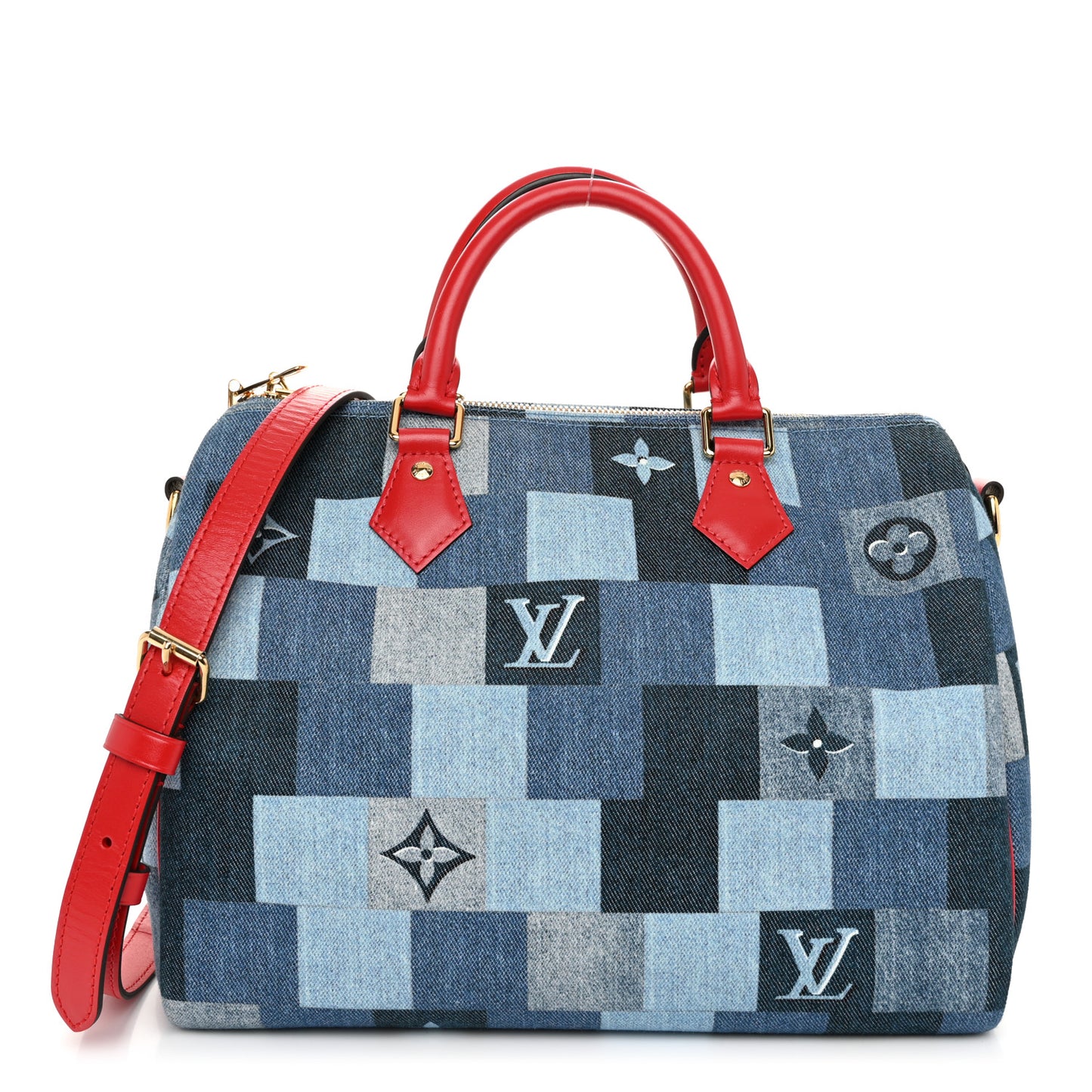 Denim Damier Monogram Patchwork Speedy Bandouliere 30 Blue Rouge