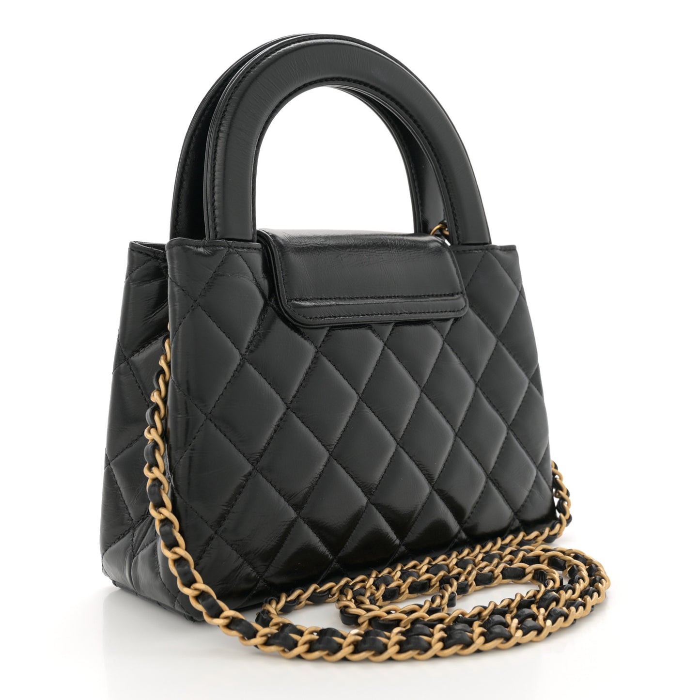 Shiny Aged Calfskin Quilted Nano Kelly Shopper Black
