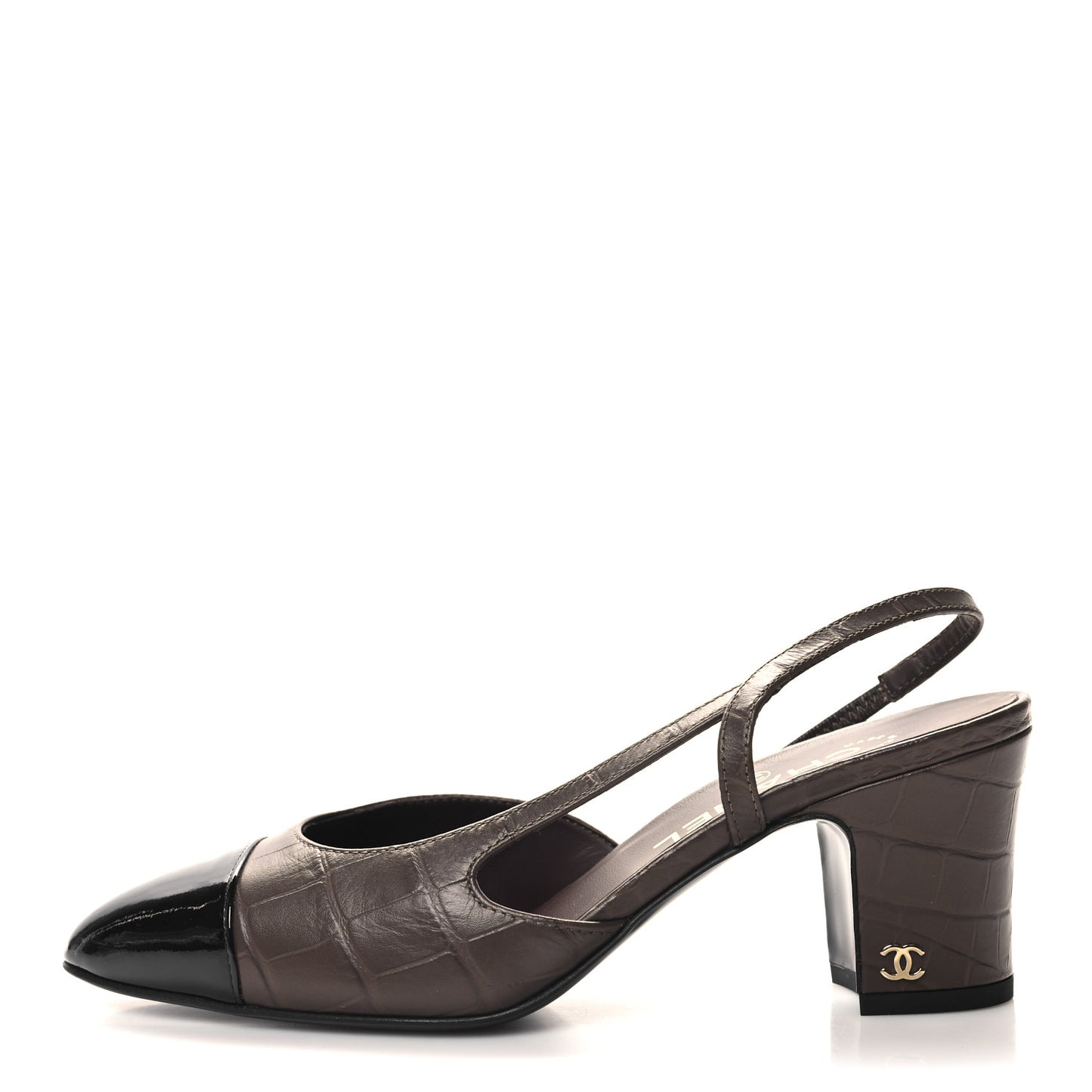Calfskin Crocodile Embossed Patent Cap Toe CC Slingback Pumps 37.5 Chocolate Black