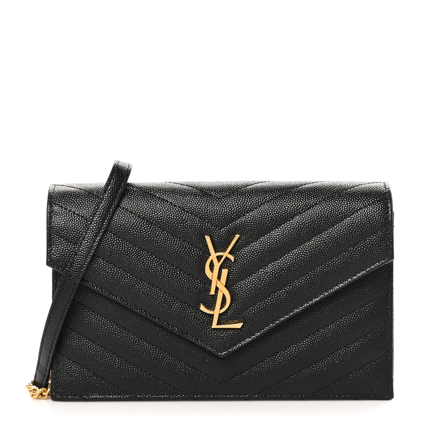 Grain De Poudre Matelasse Chevron Monogram Envelope Chain Wallet Black