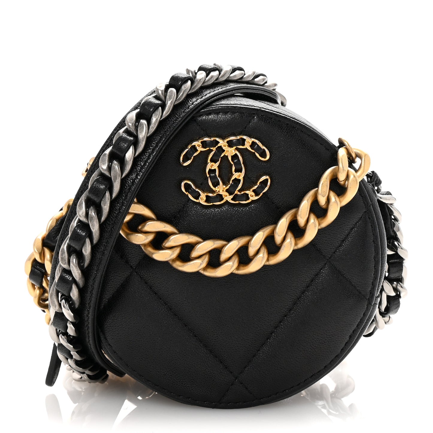 Shiny Goatskin Quilted Chanel 19 Round Clutch With Chain Black