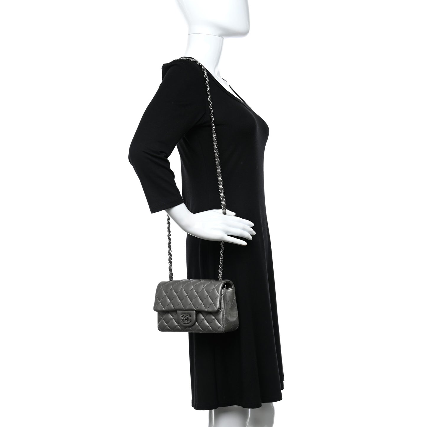 Metallic Calfskin Quilted Mini Rectangular Flap Ruthenium