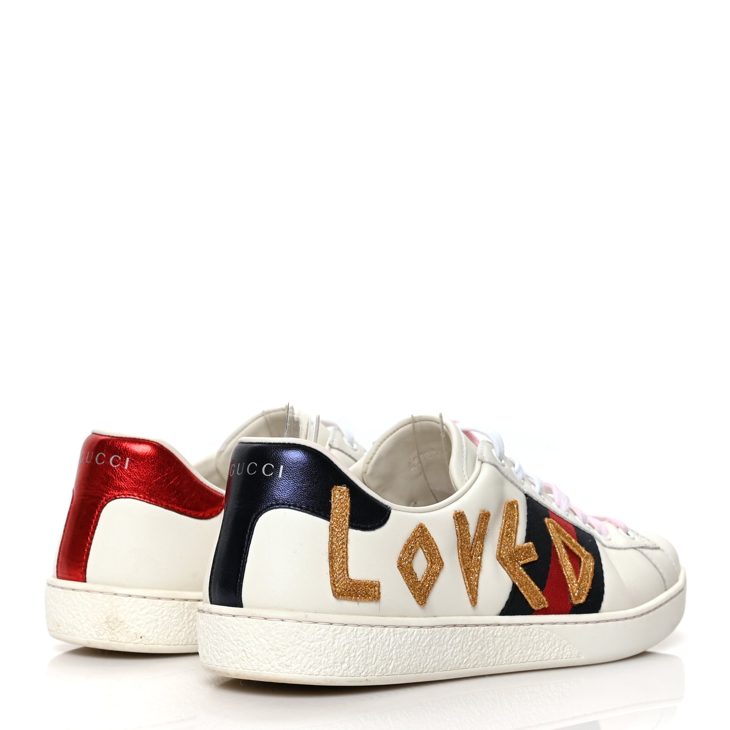 Calfskin Nappa Web LOVED Embroidered Mens Ace Sneakers 9 White Red Flame Notte