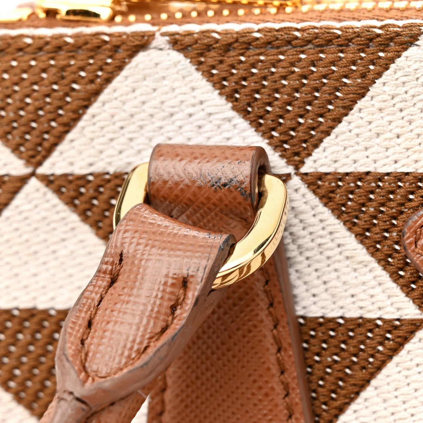 Jacquard Saffiano Triangolo Symbole Embroidered Mini Galleria Double Zip Tote Tabacco Talco
