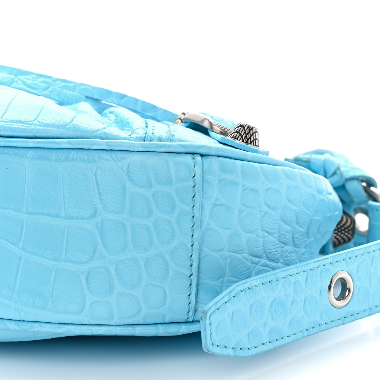 Extra Supple Calfskin Crocodile Embossed Le Cagole Shoulder Bag XS Sky Blue