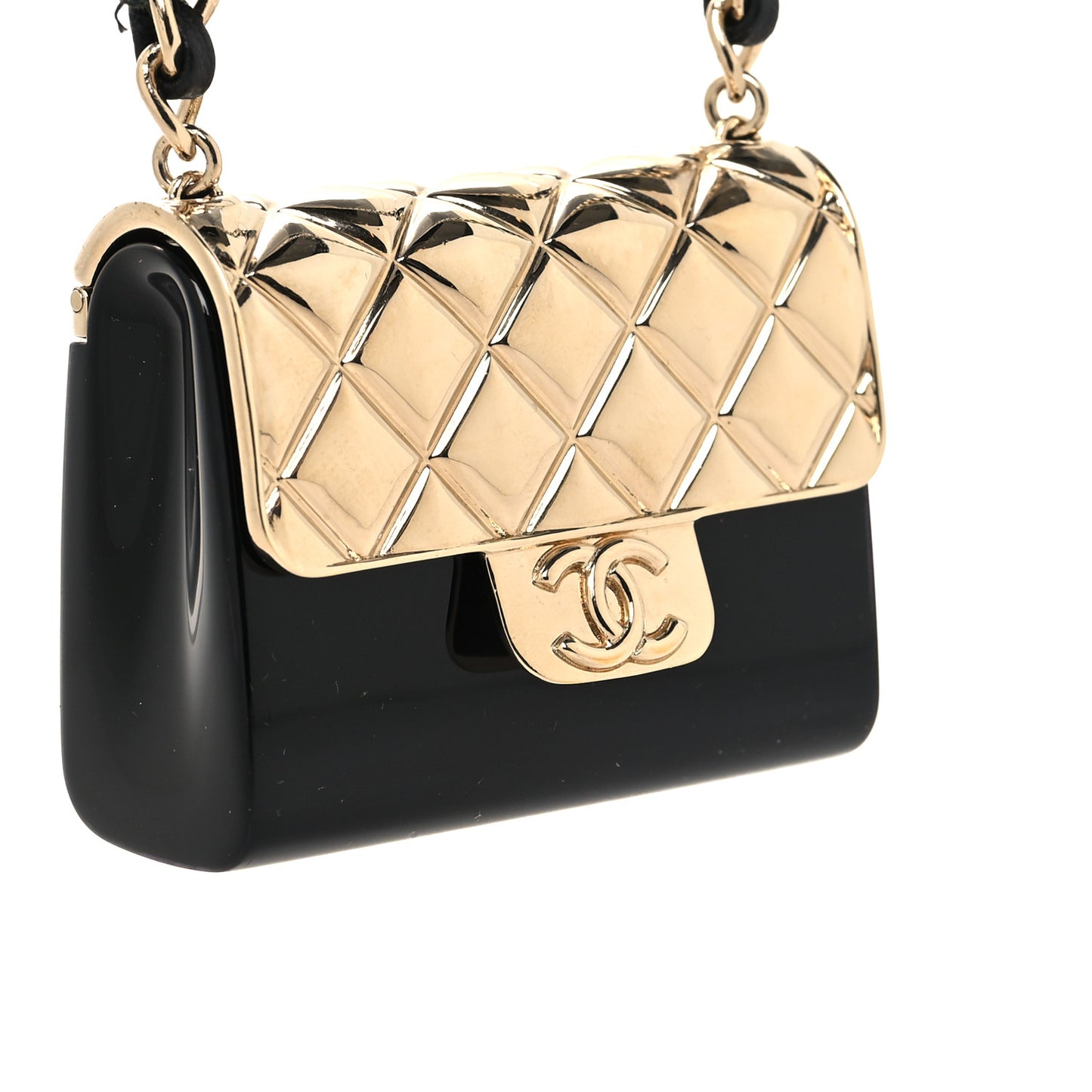 Metal Resin Lambskin Flap Bag Long Necklace Gold Black