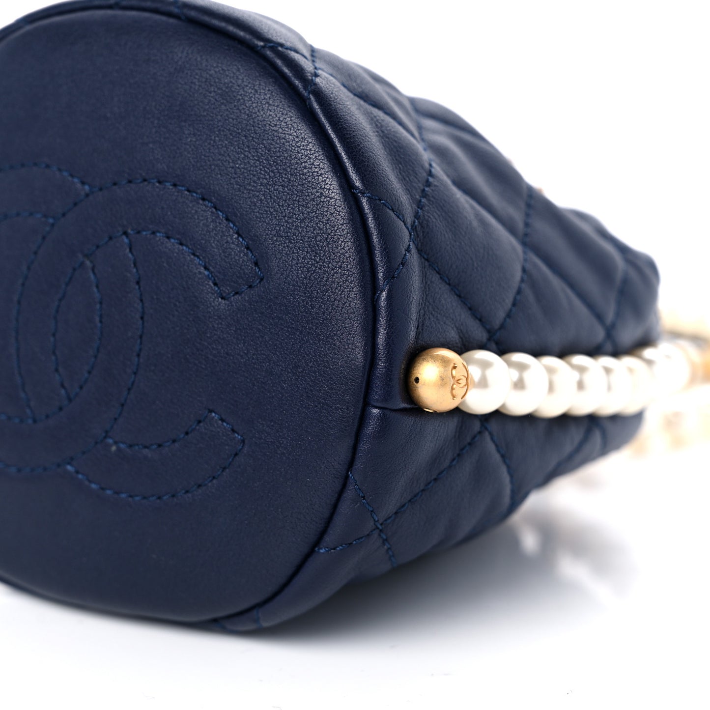 Calfskin Quilted Pearl Mini About Pearls Drawstring Bucket Bag Navy
