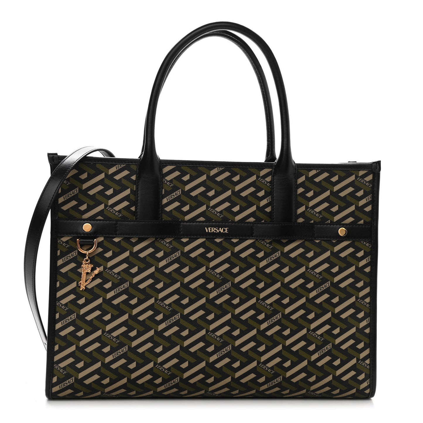 Coated Canvas Calfskin La Greca Signature Tote Bag Black Khaki